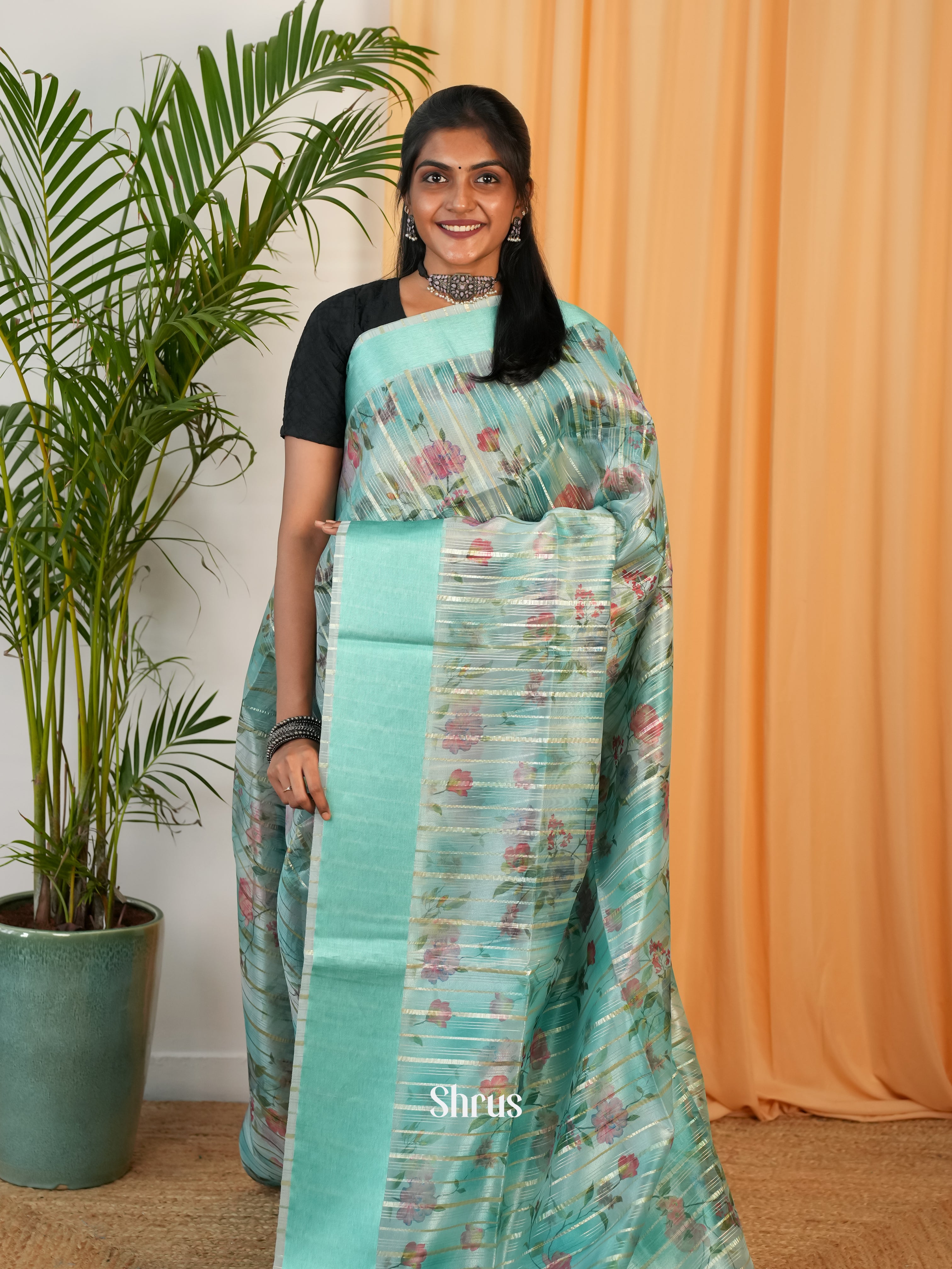 Teal Green - Semi Organza Saree