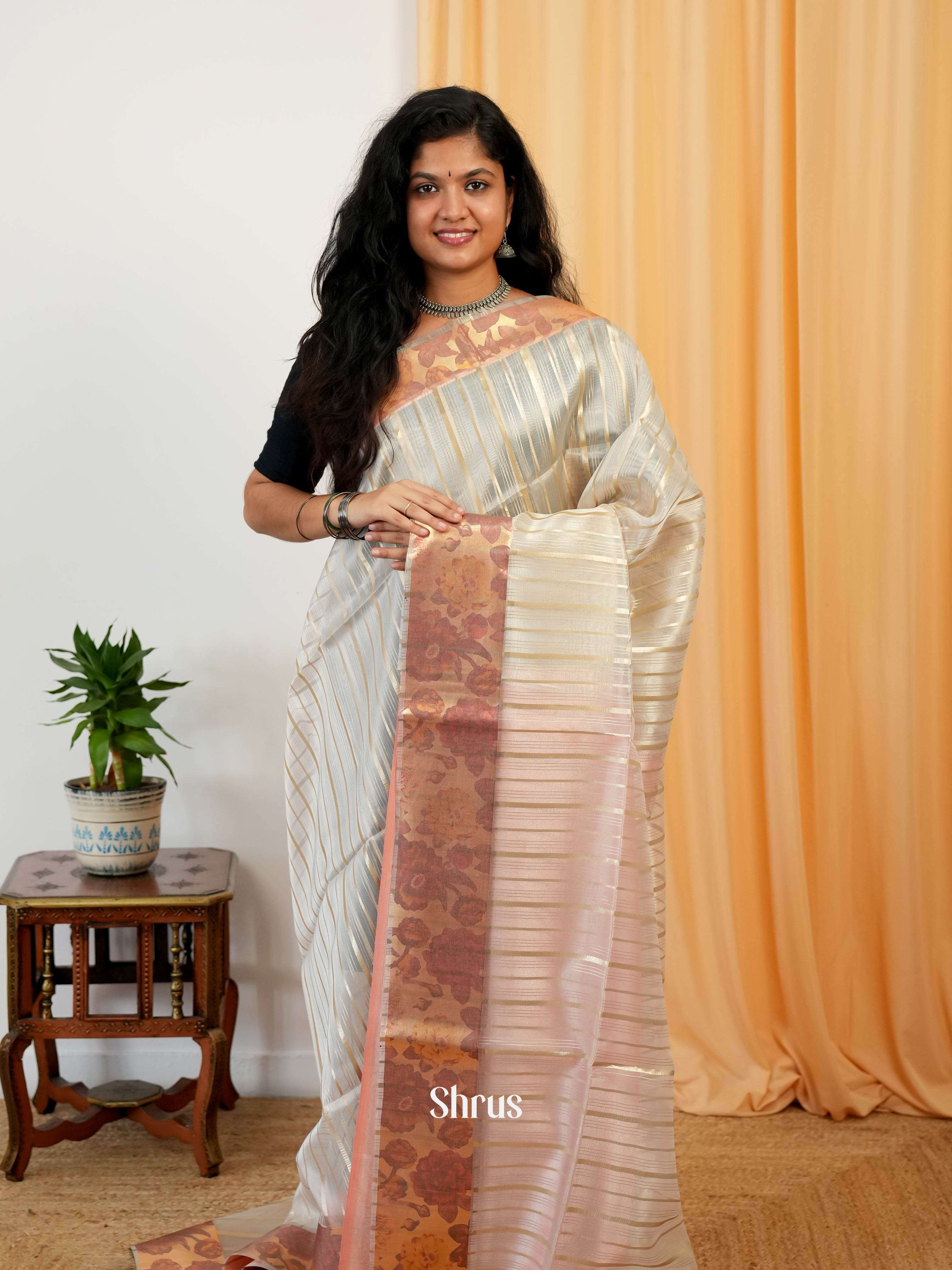 Cream & Peach  - Semi Organza Saree