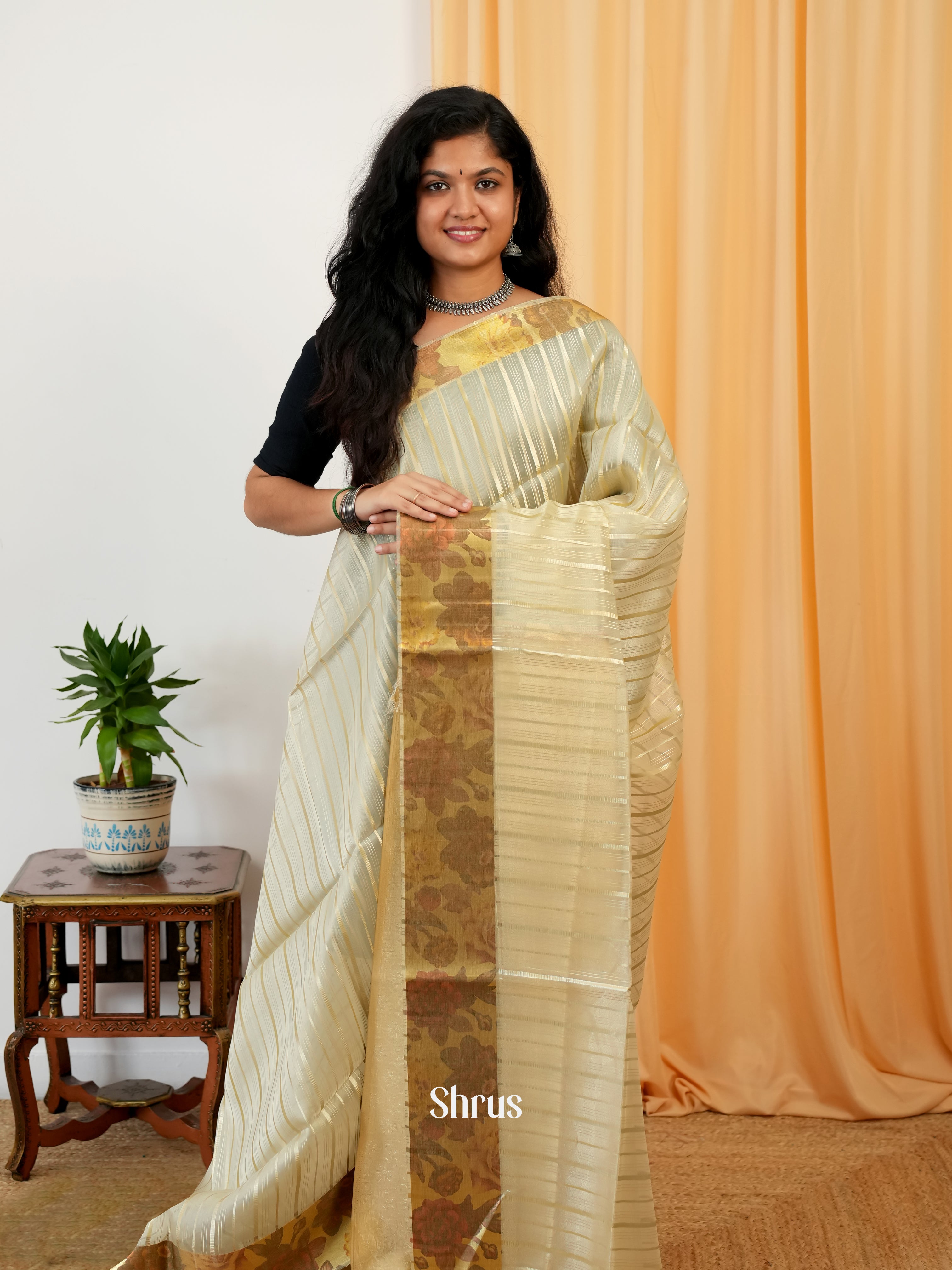 Cream - Semi Organza Saree