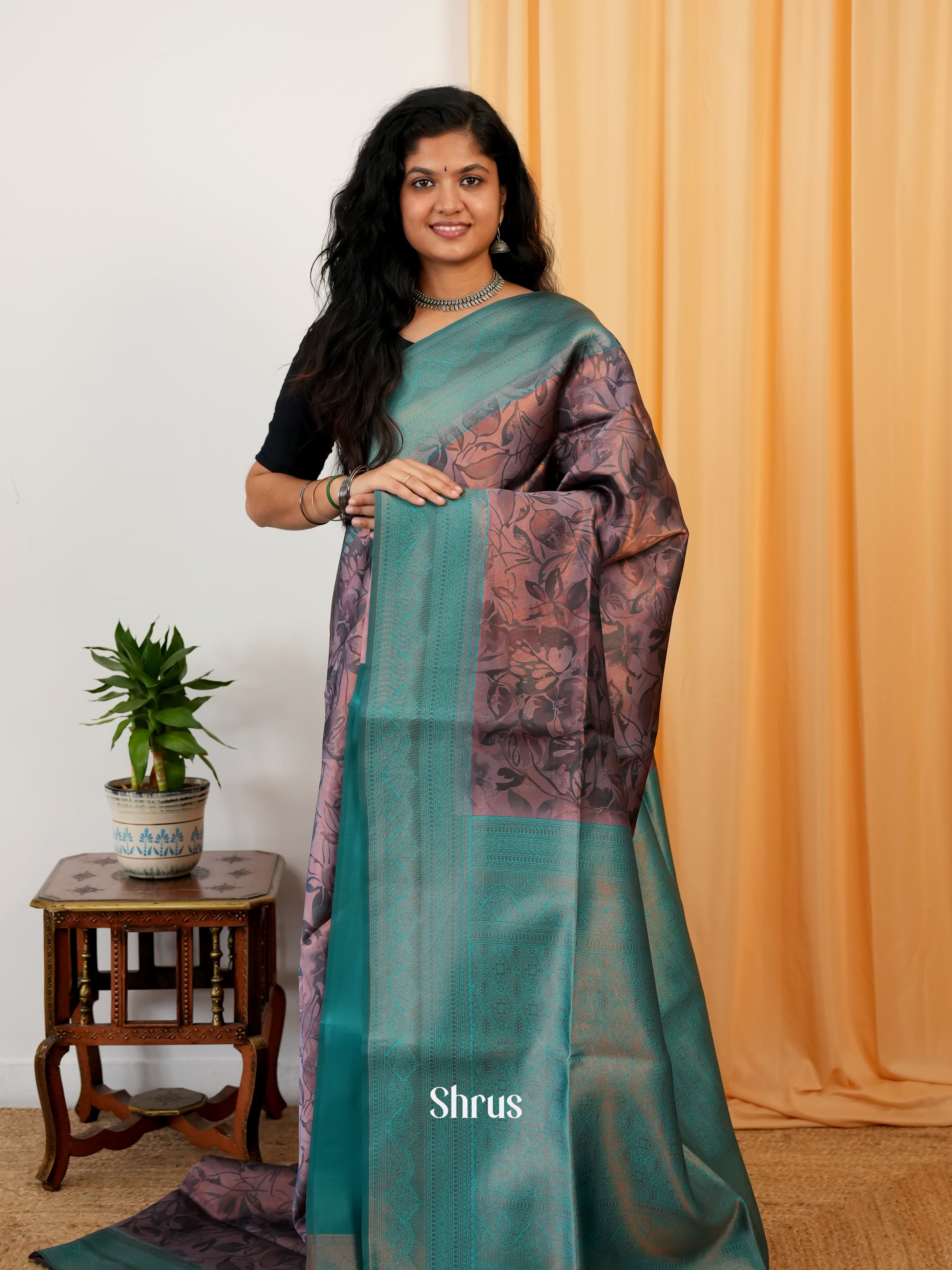 Brown & Green - Semi Organza Saree