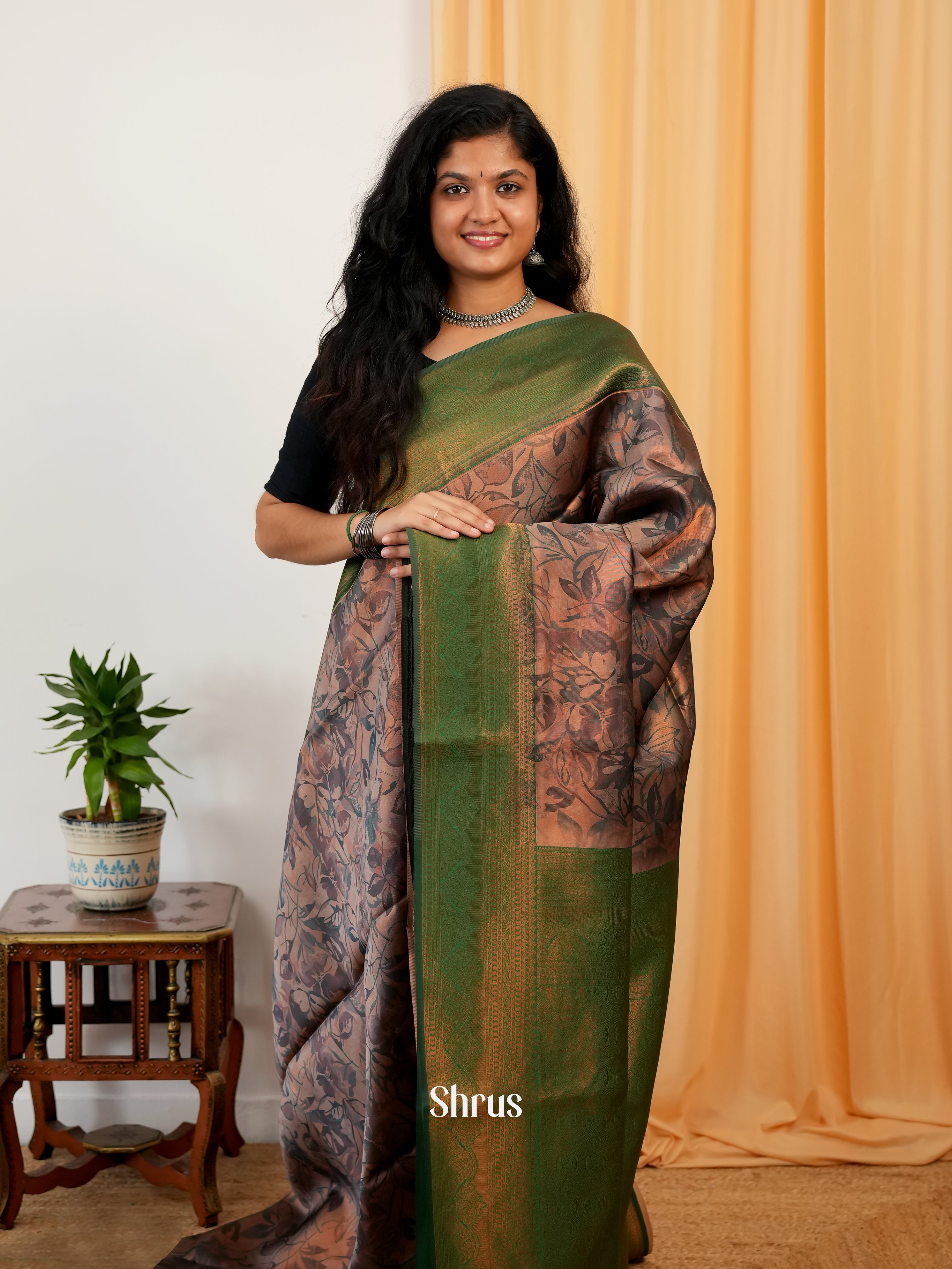 Brown & Green -  Semi Organza Saree