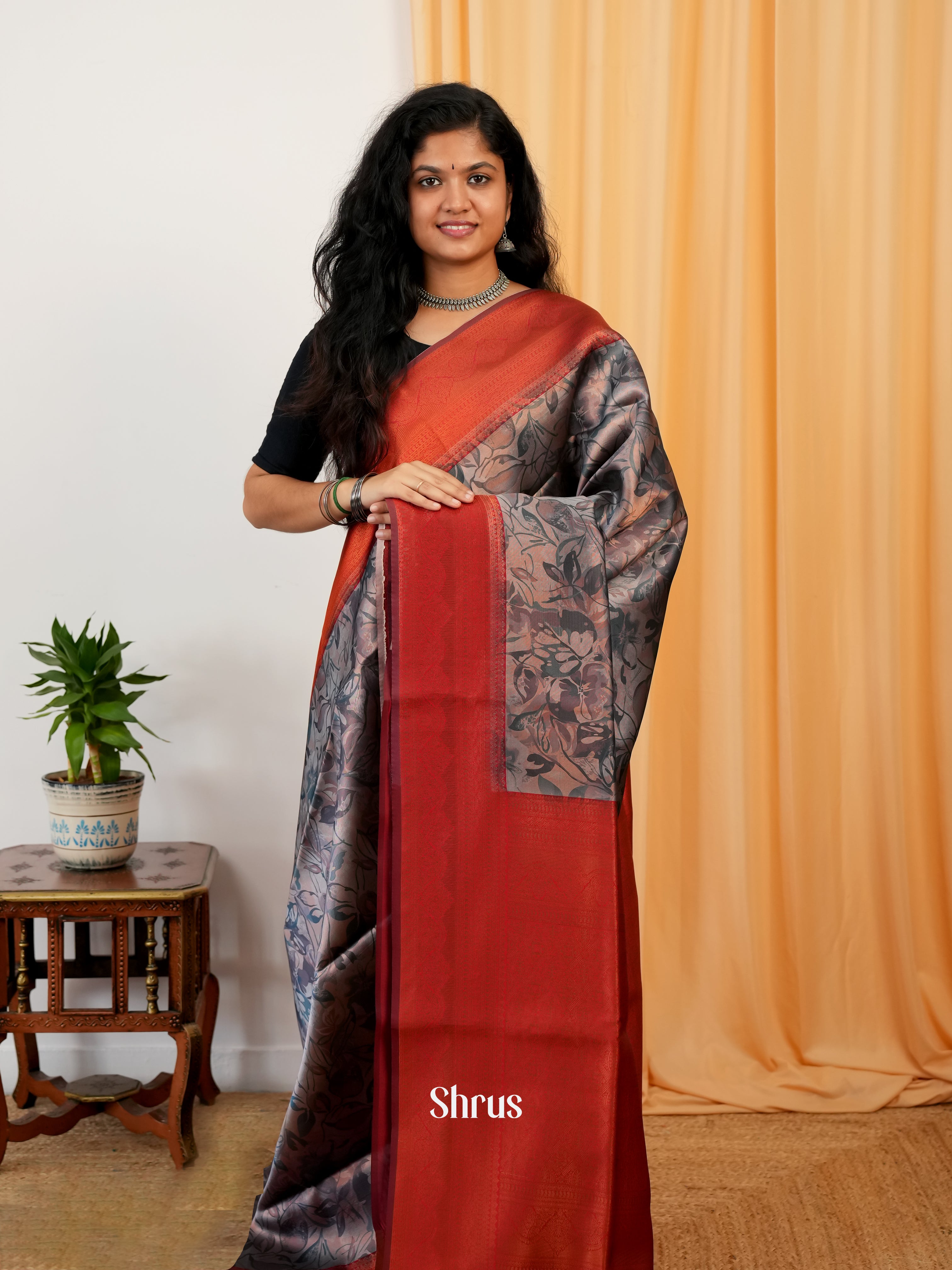 Brown  & Maroon  - Semi Organza Saree