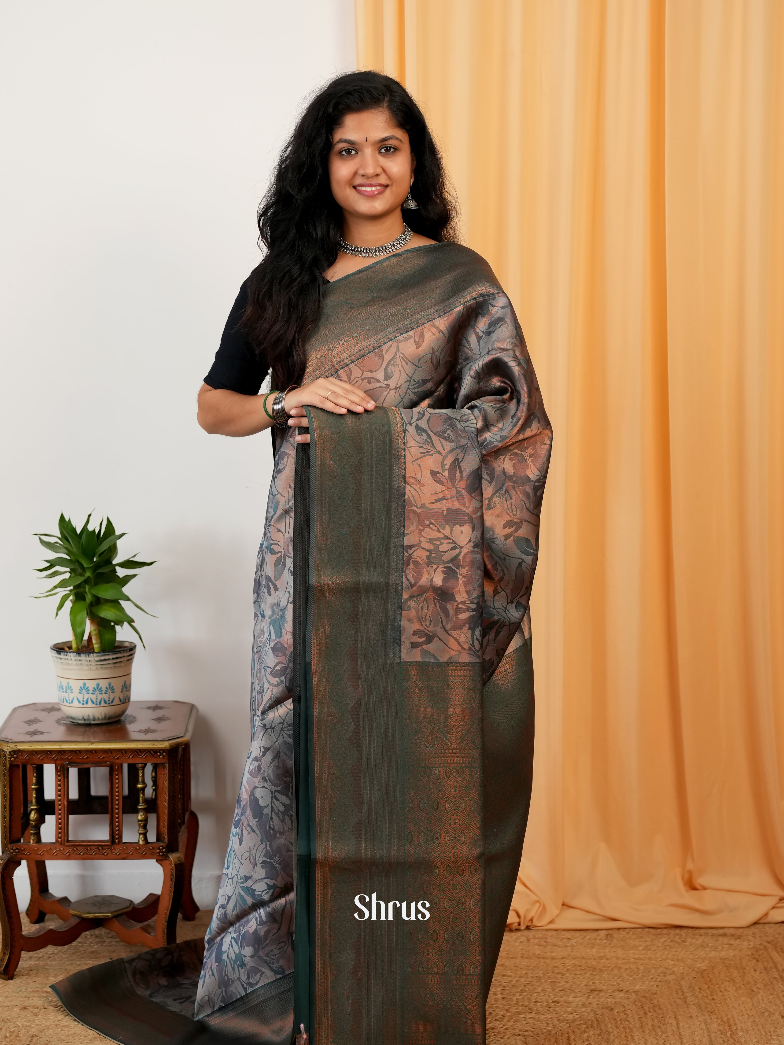 Brown & Green - Semi Organza Saree