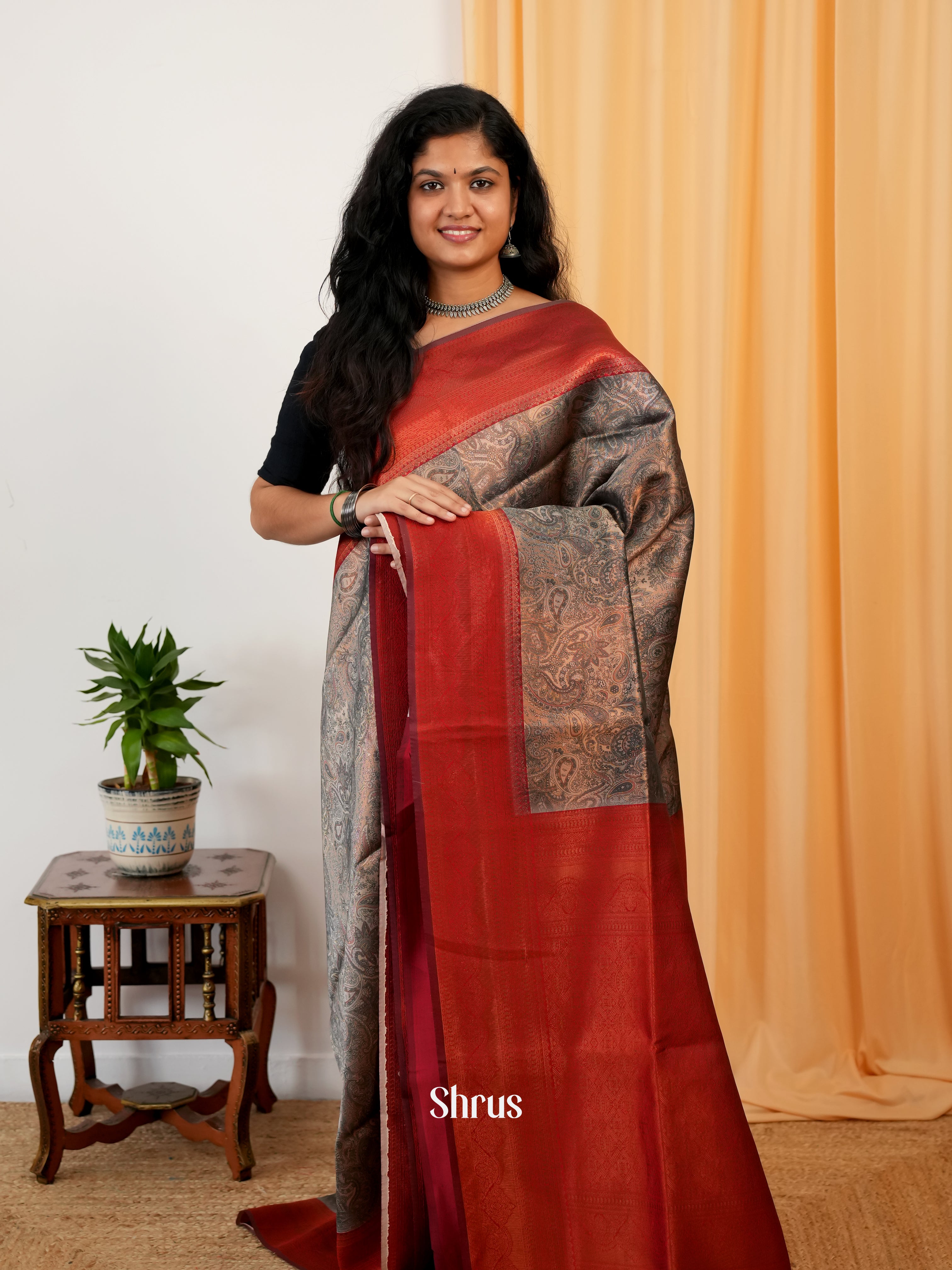 Brown & Maroon - Semi Organza Saree