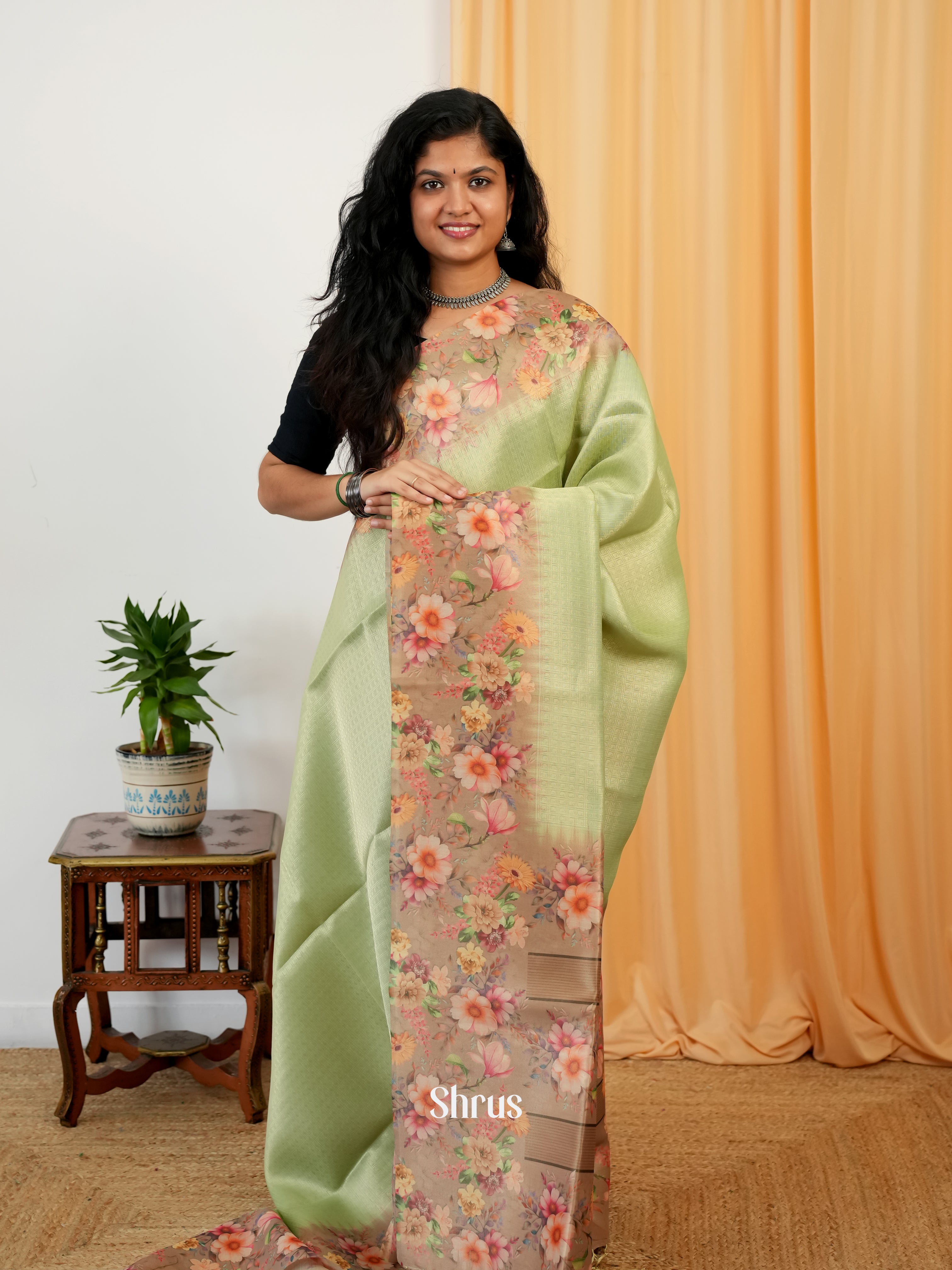 Pista Green & beige - Semi Organza Saree