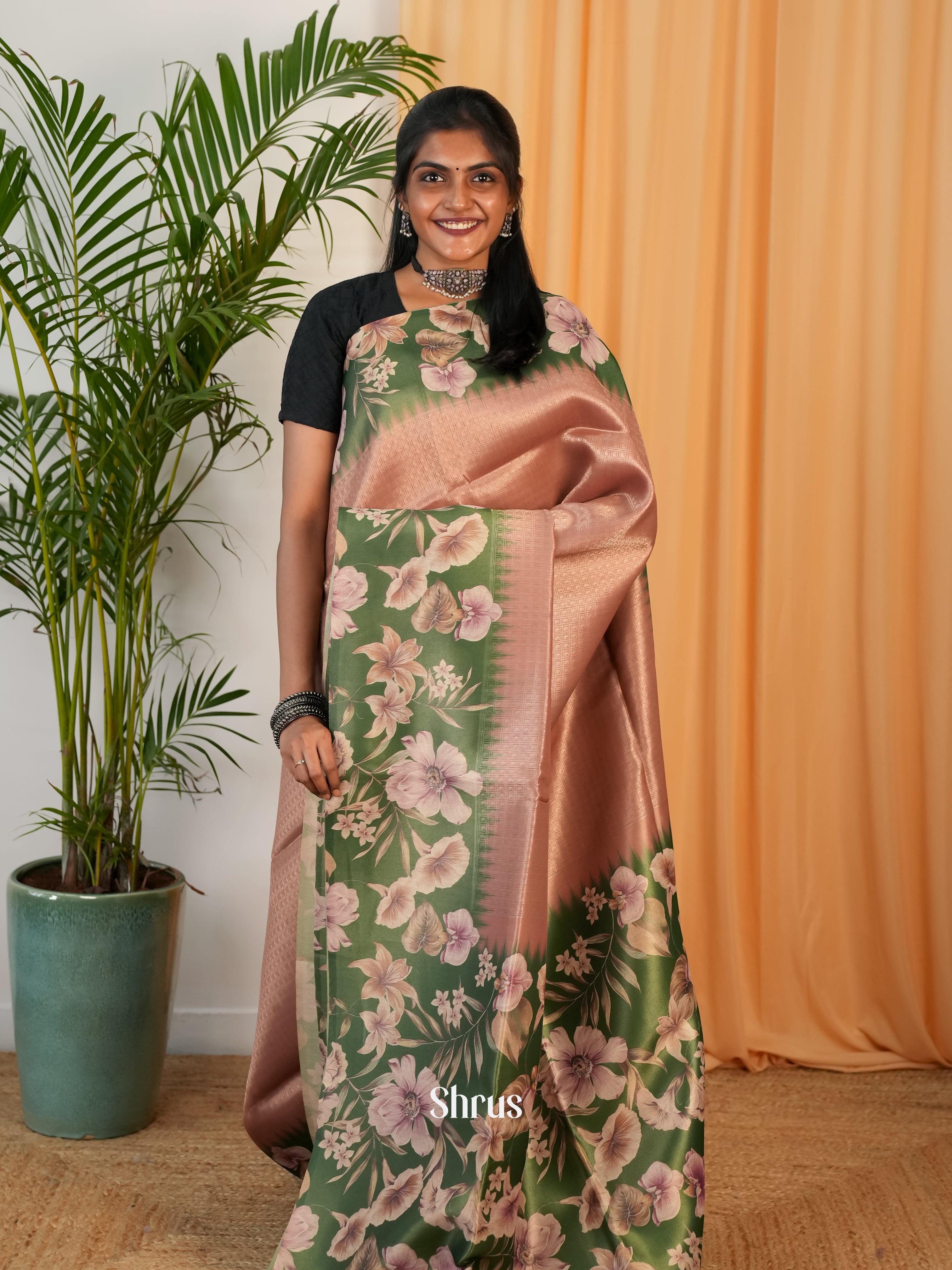 Brown & Green - Semi Organza Saree