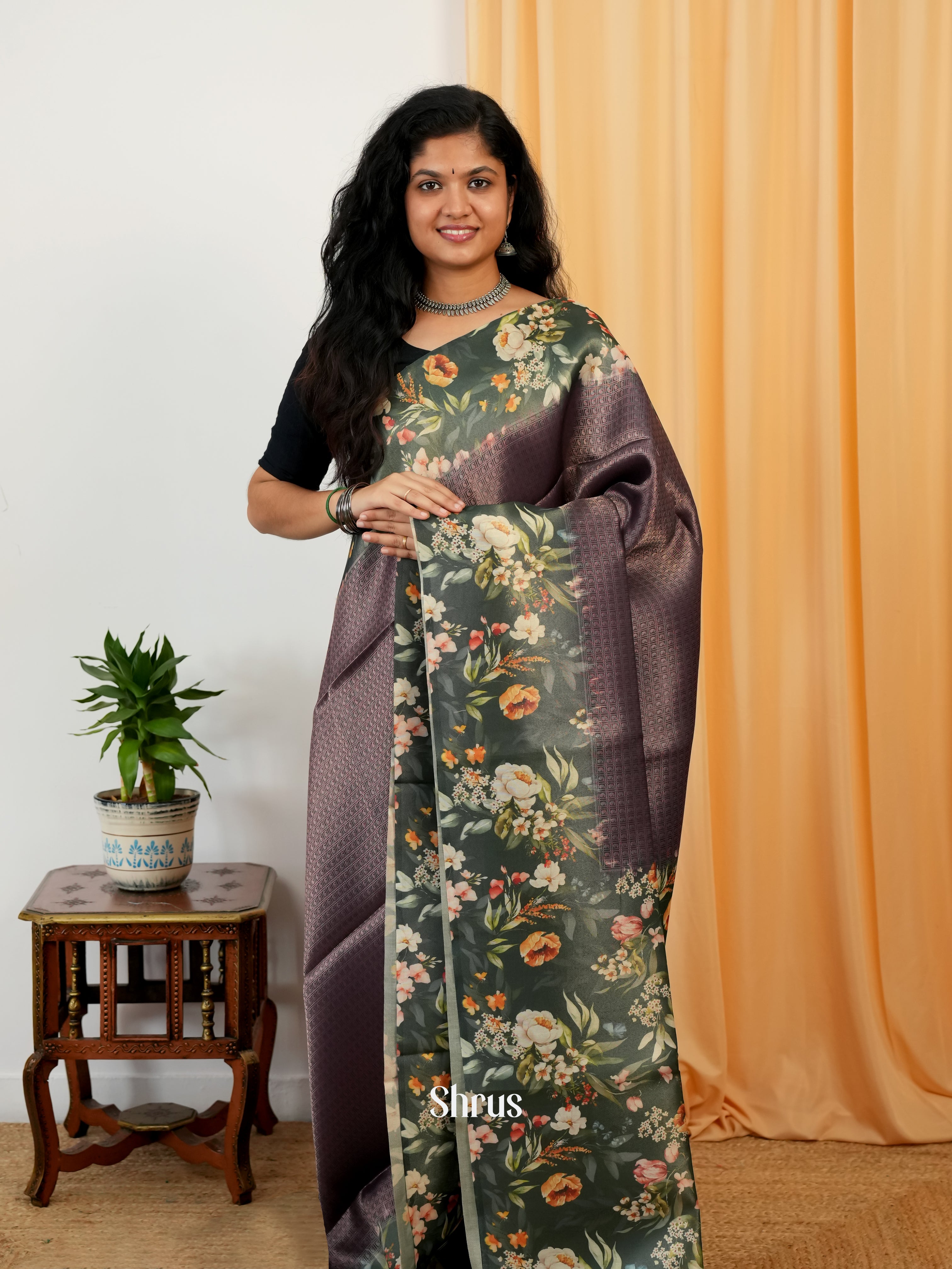 Brown & Green - Semi Organza Saree