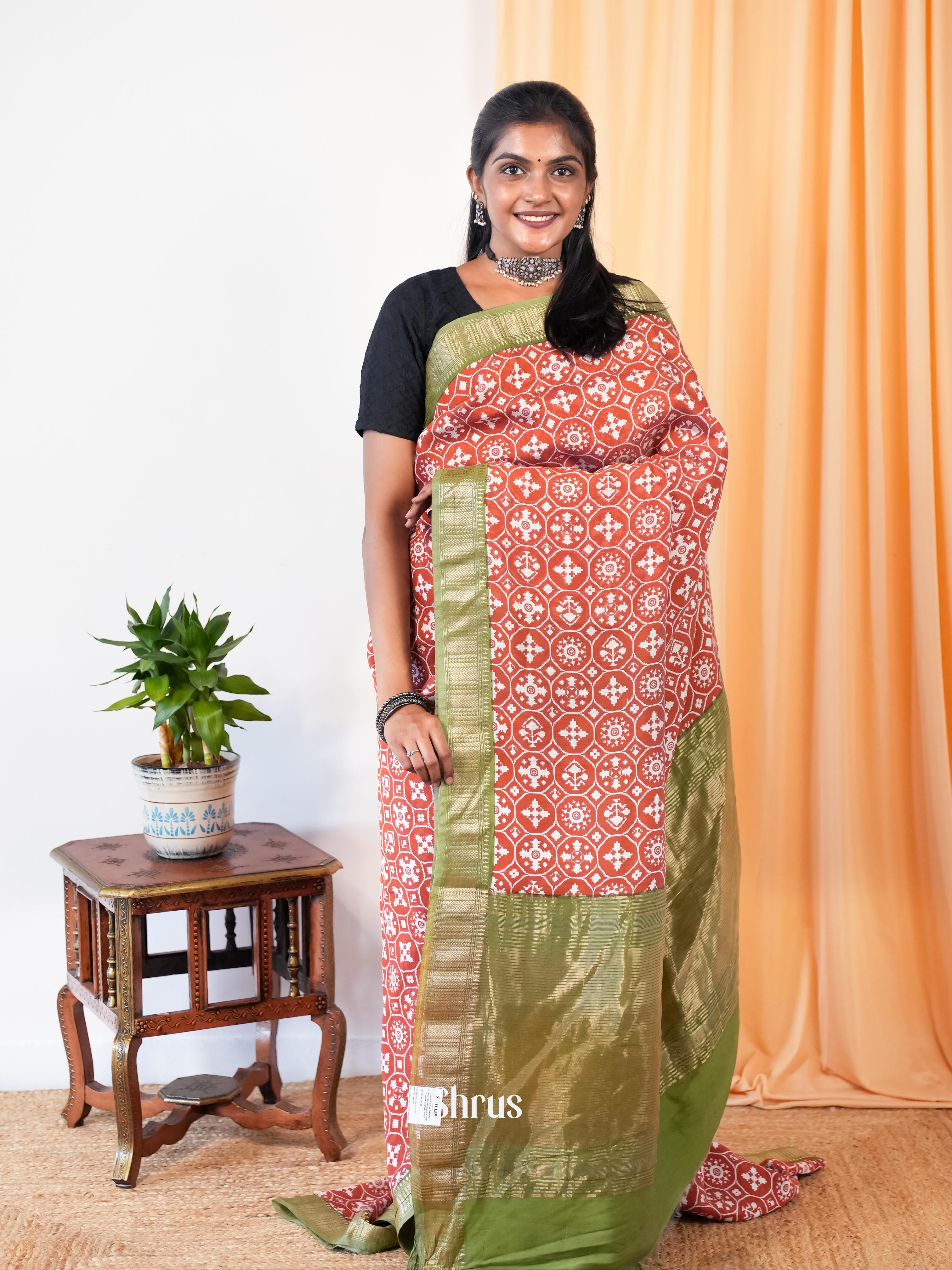 Brick  & Green - Art Modal Saree