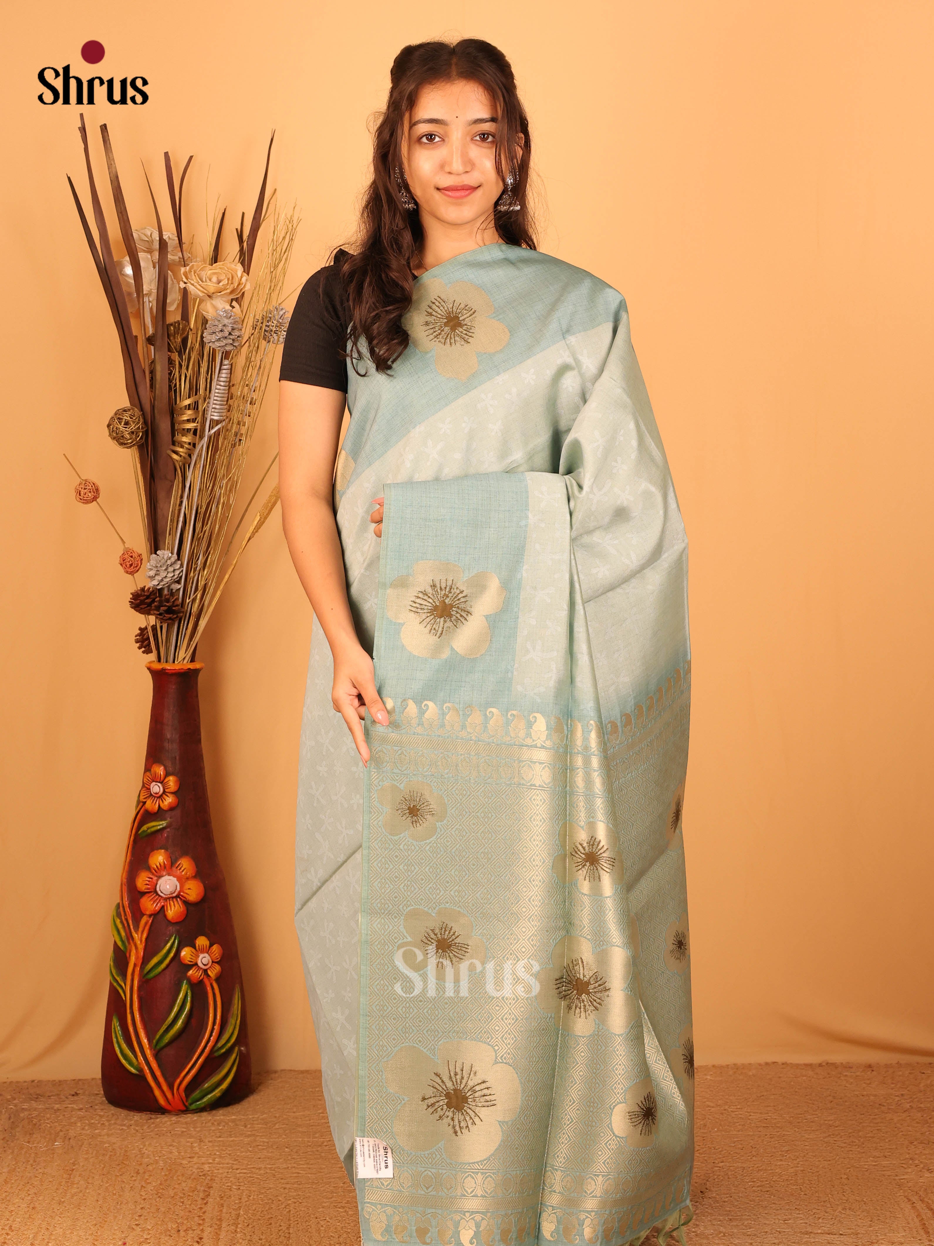Blue  - Semi Tussar Saree - Shop on Shrus.com