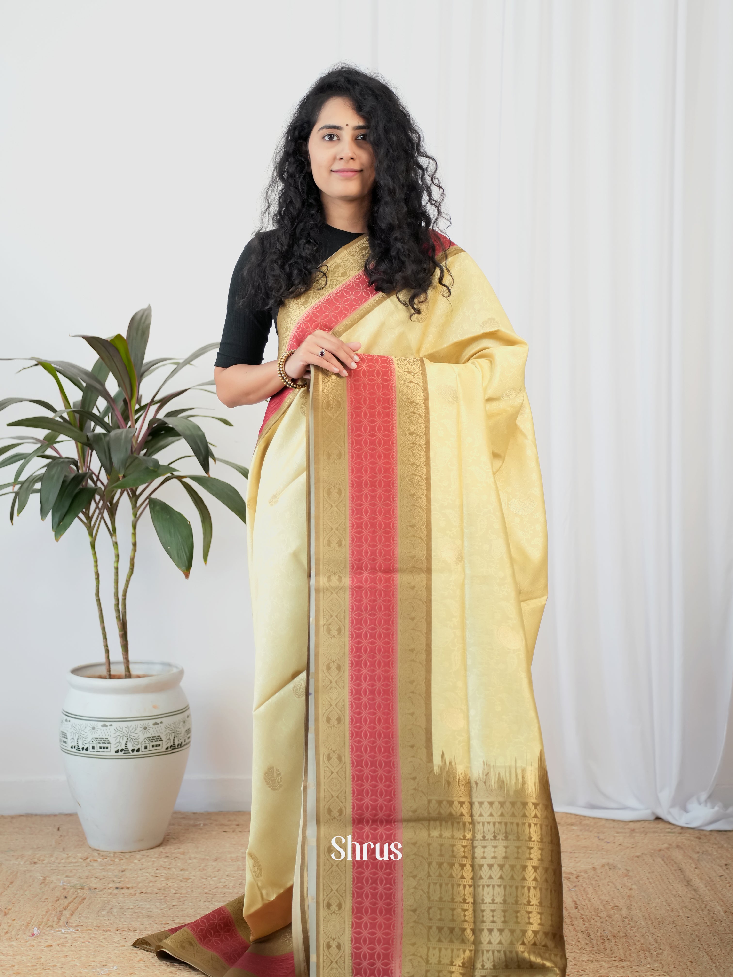 Cream & Green - Semi Tussar Saree