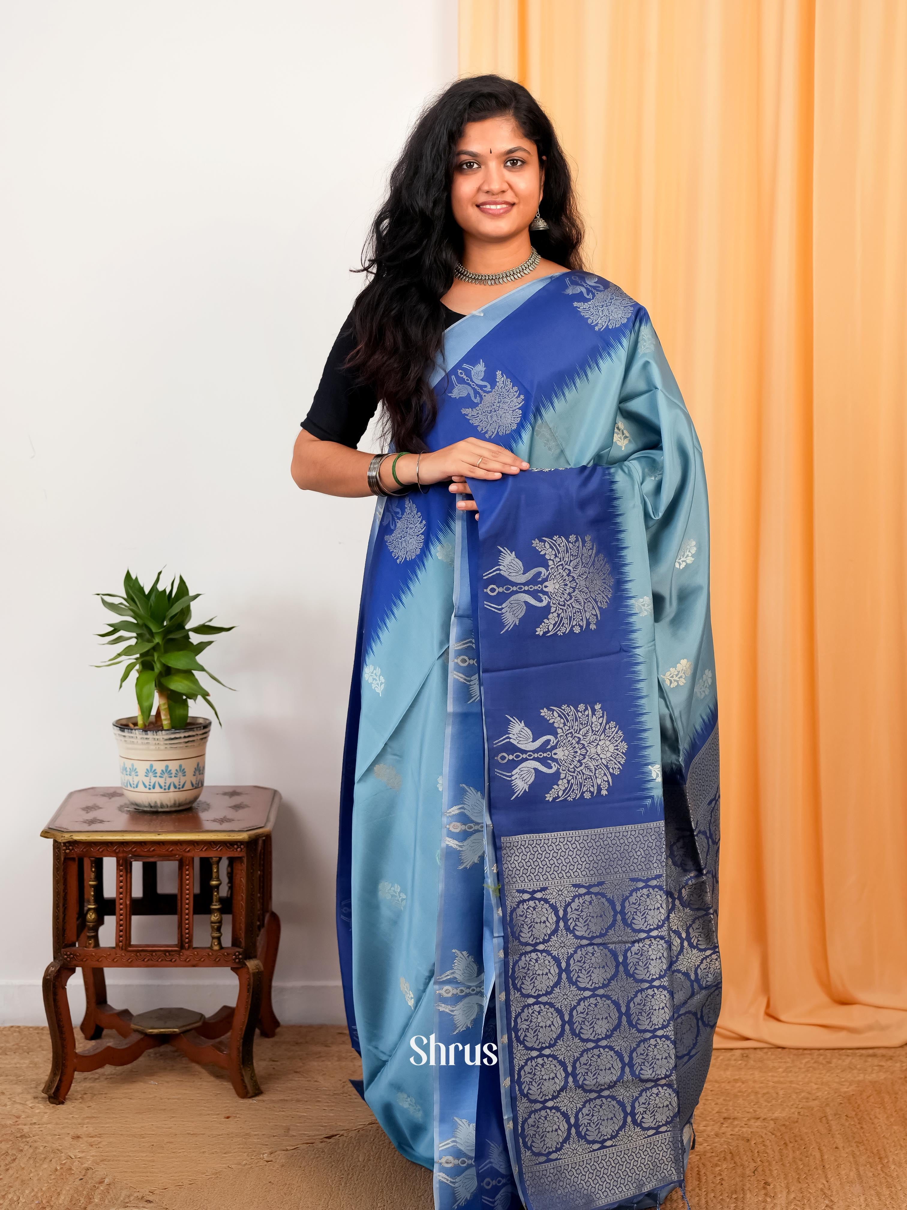 Grey & Blue - Semi Softsilk Saree