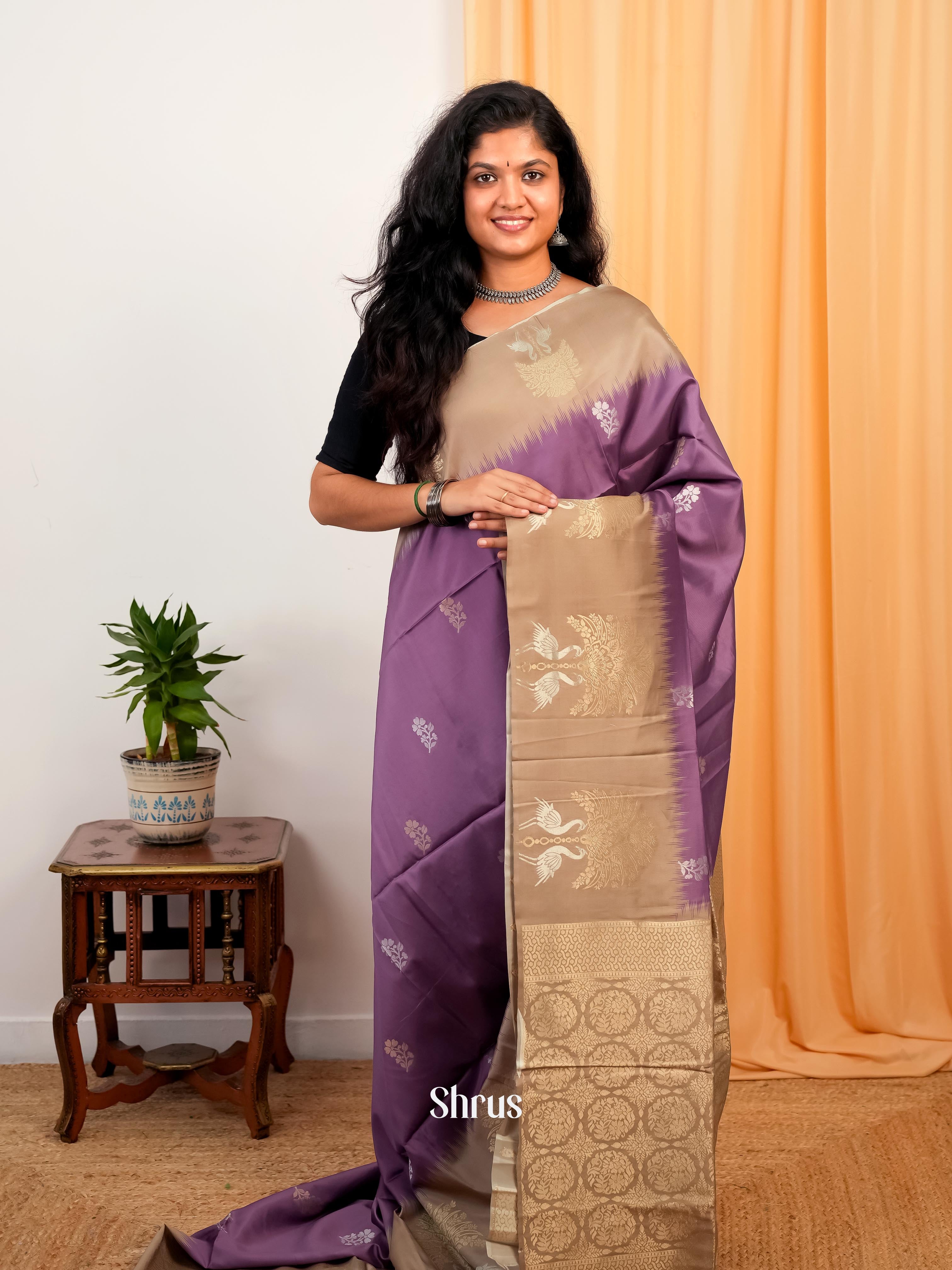 Purple  & Brown - Semi Softsilk Saree