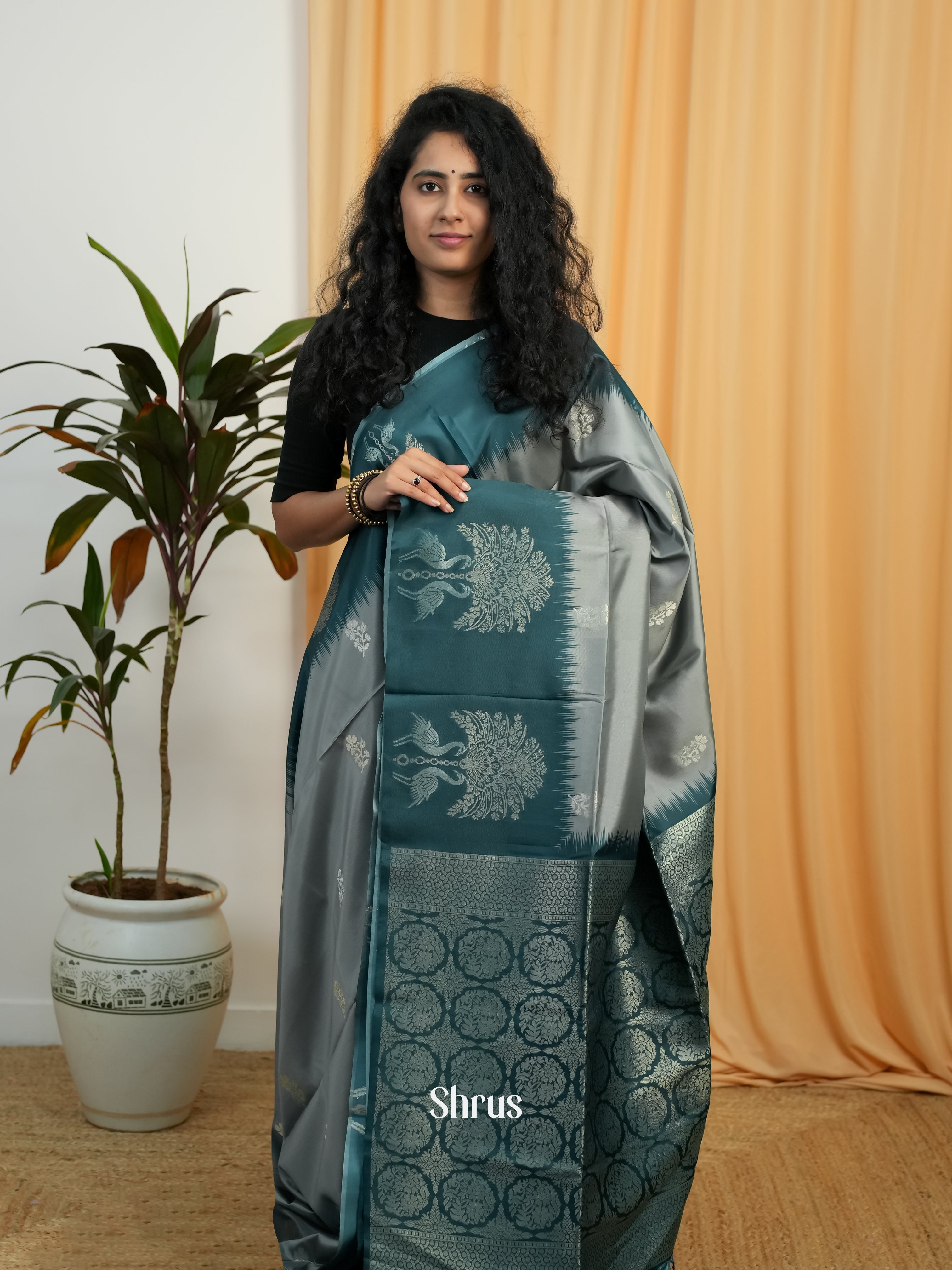 Grey & Peacock Green - Semi Softsilk Saree