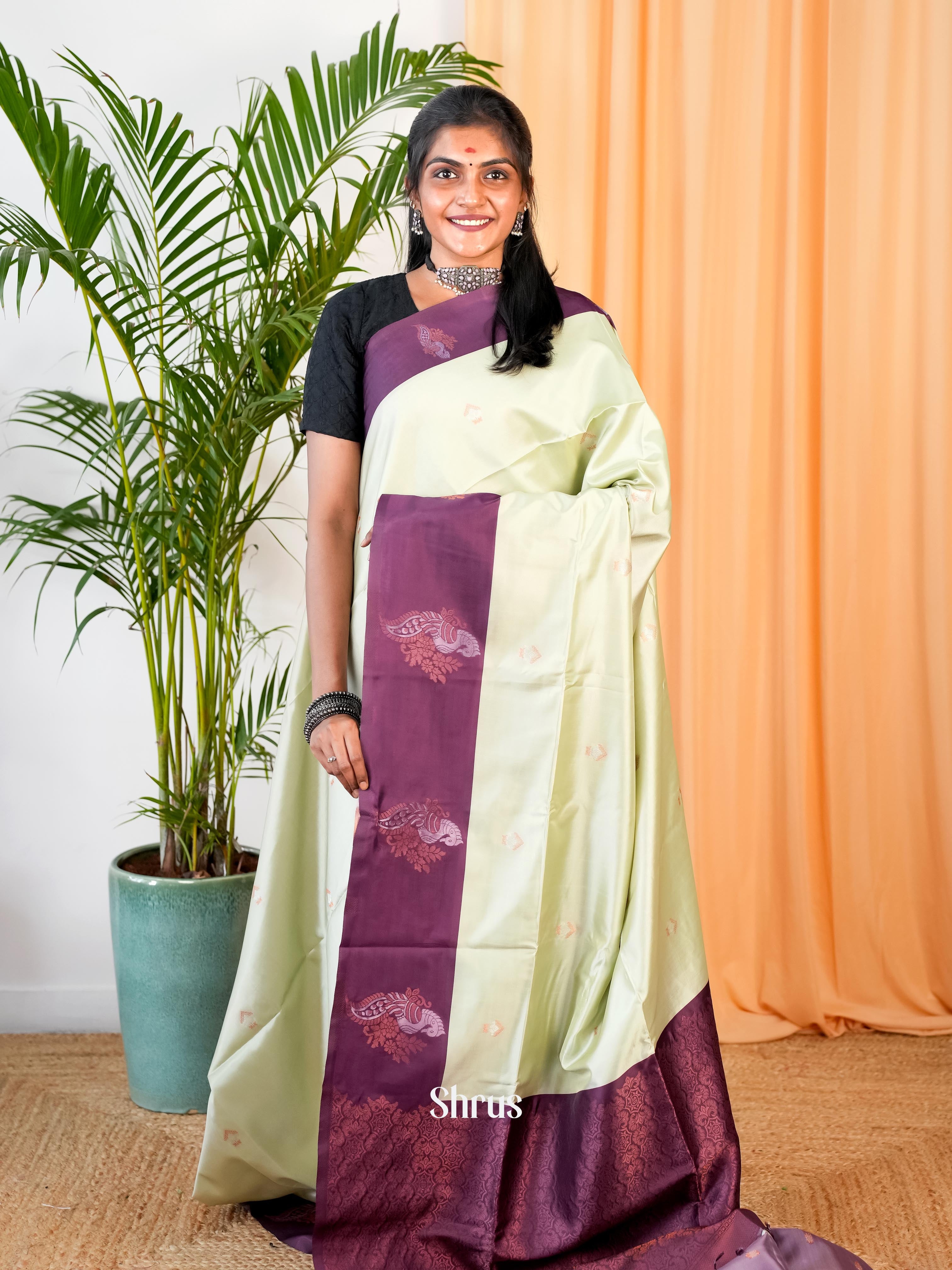 Lite Green & Purple- Semi Softsilk Saree