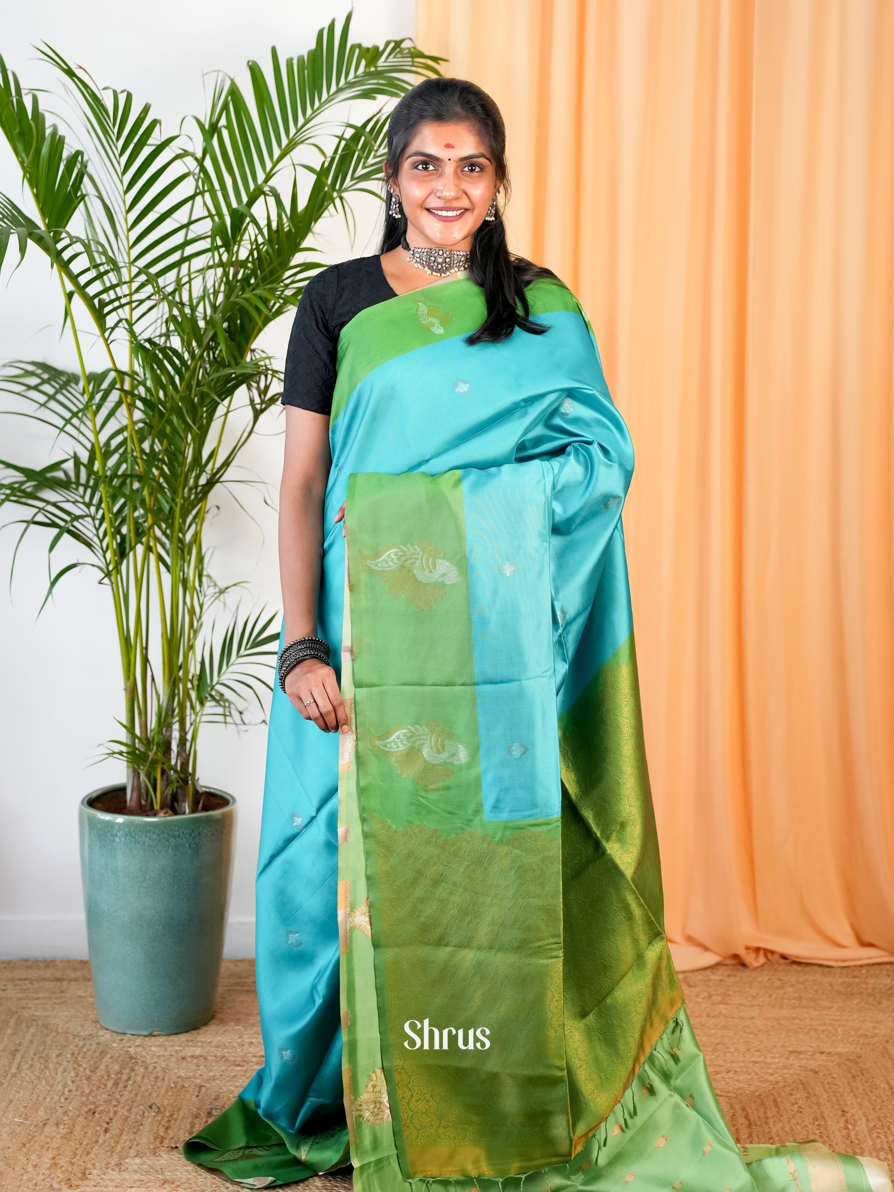 Blue & Green- Semi Softsilk Saree