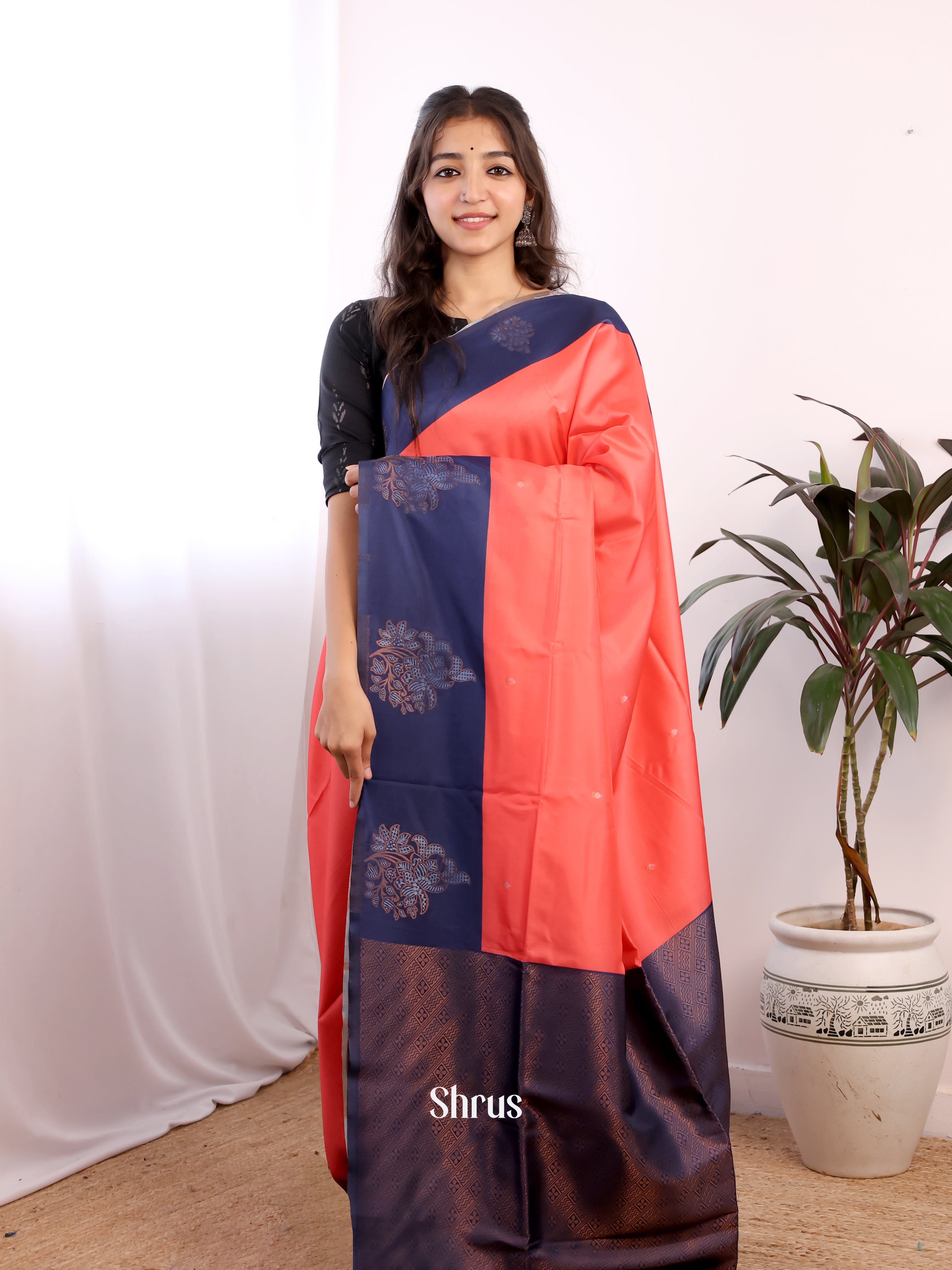 Reddish Pink & Blue - Semi Softsilk Saree