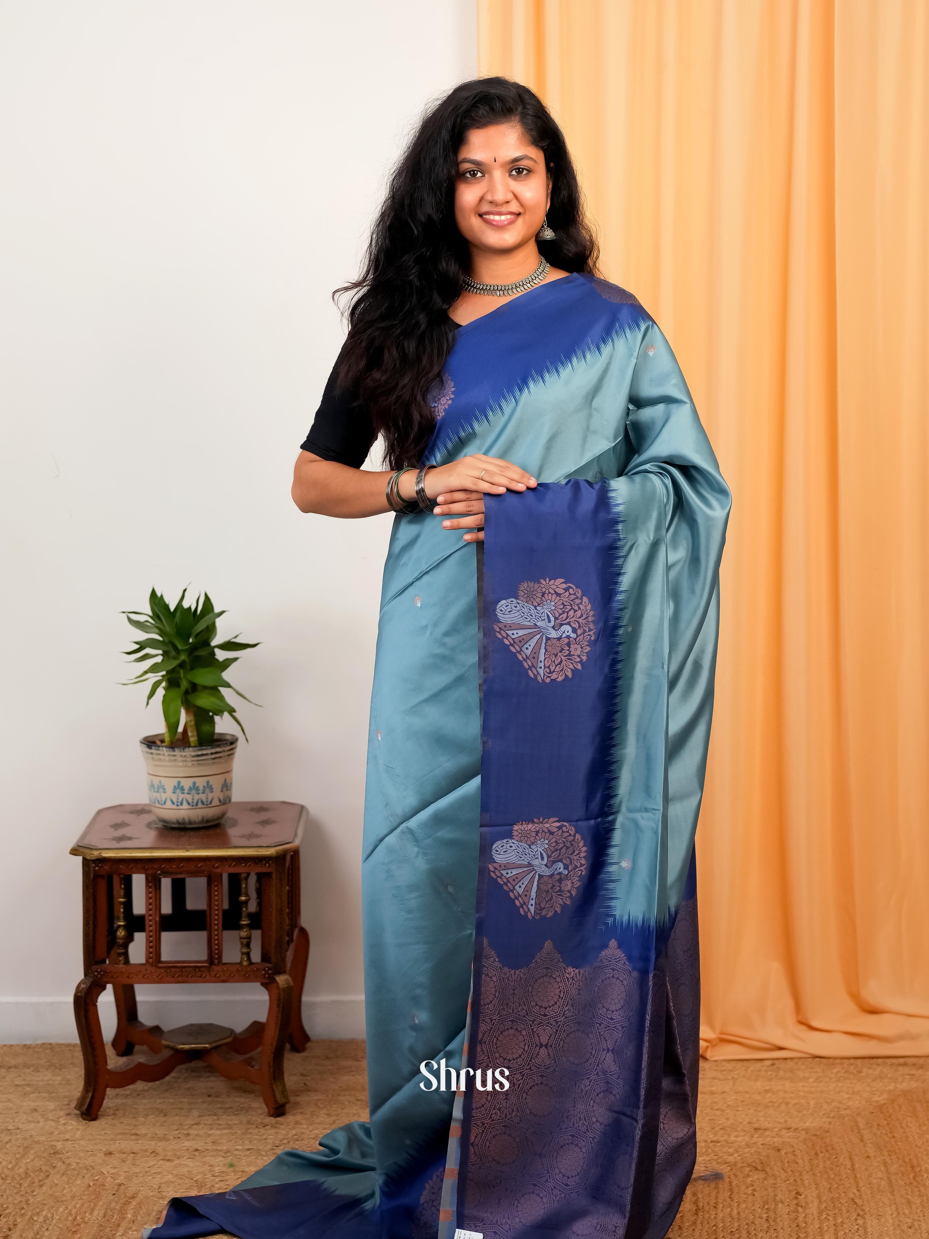 Greyish Blue & Blue - Semi Softsilk Saree