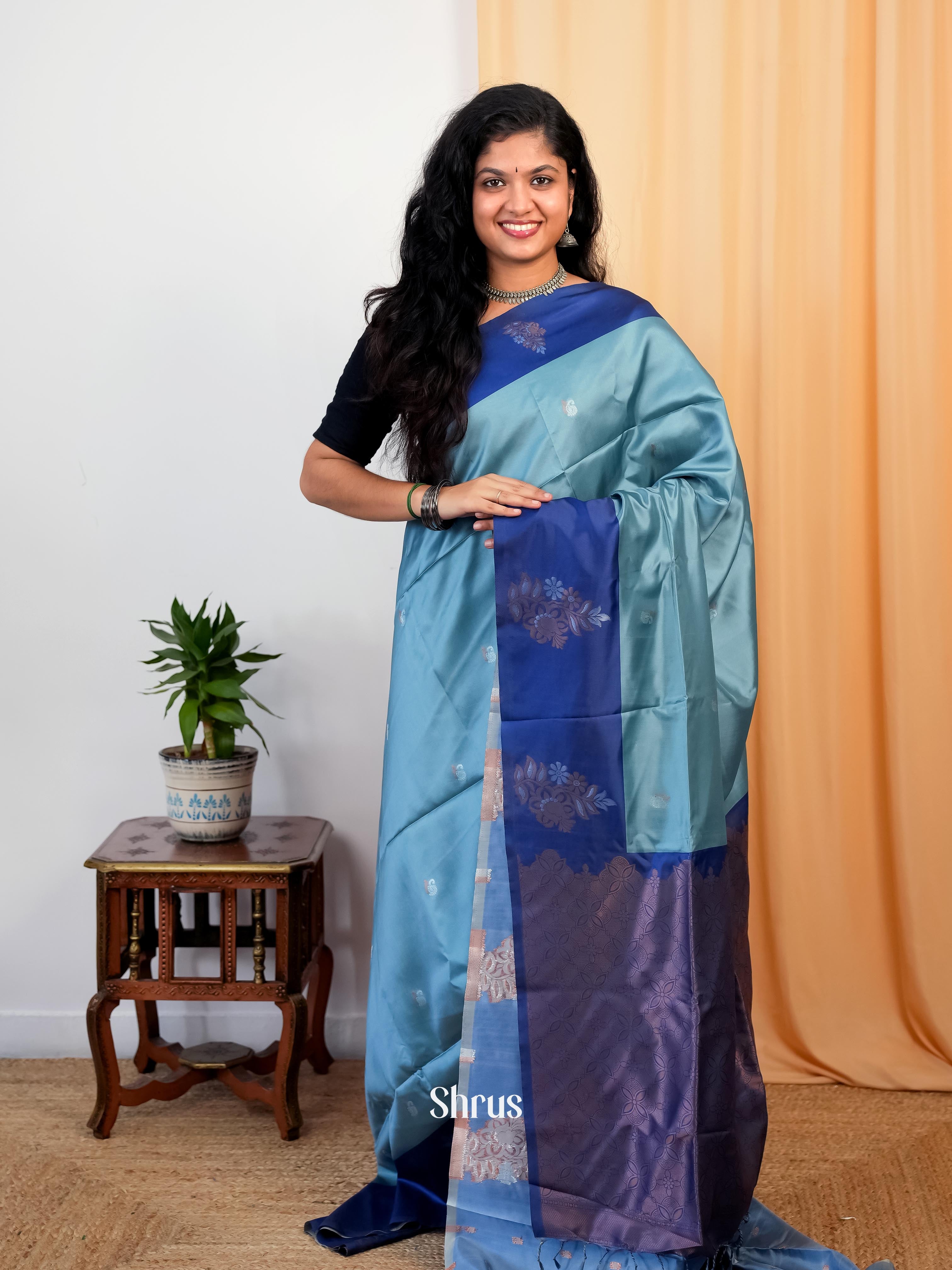 Lite Blue & Blue - Semi Softsilk Saree