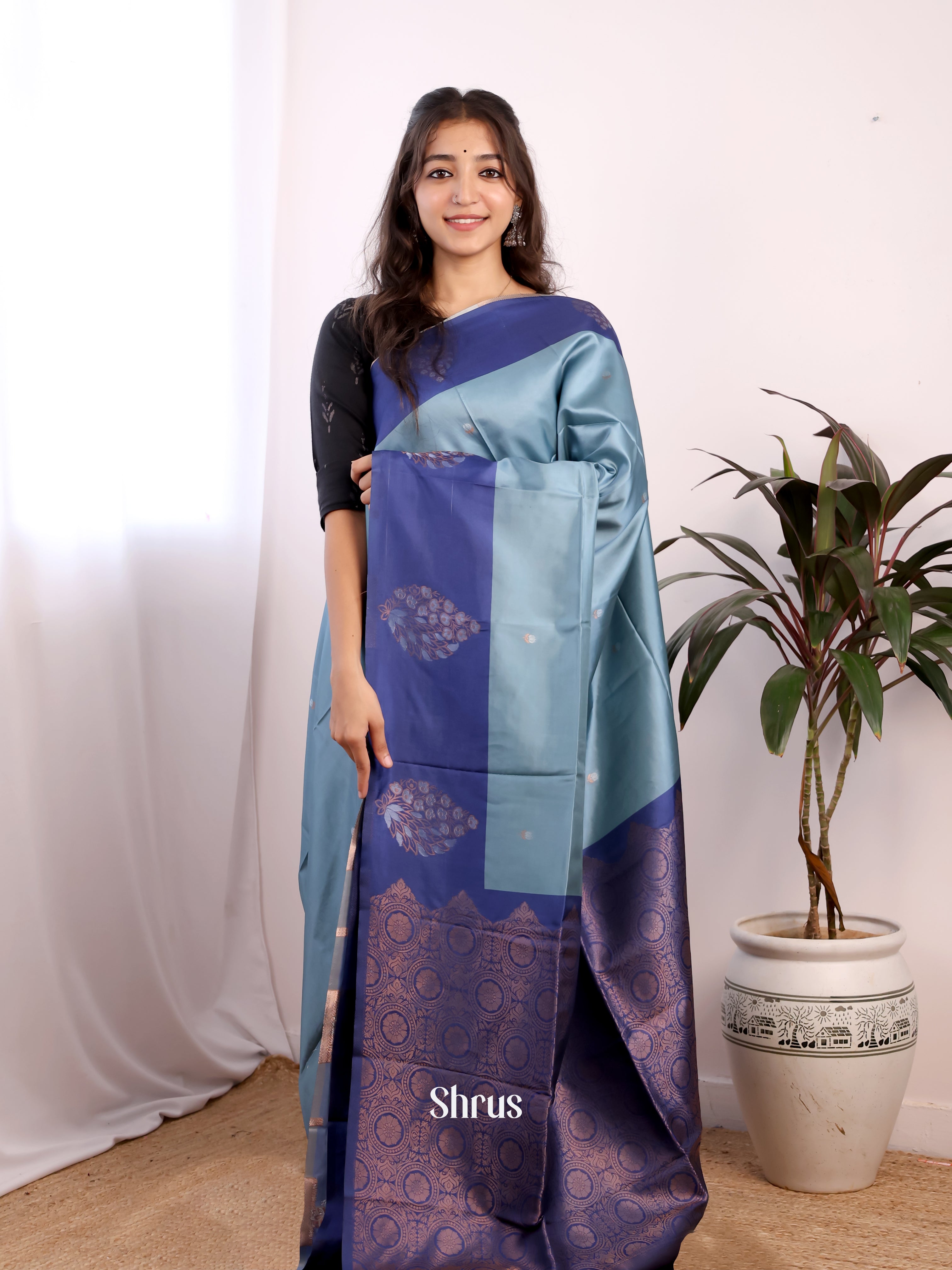 Greyish Blue & Blue- Semi Softsilk Saree