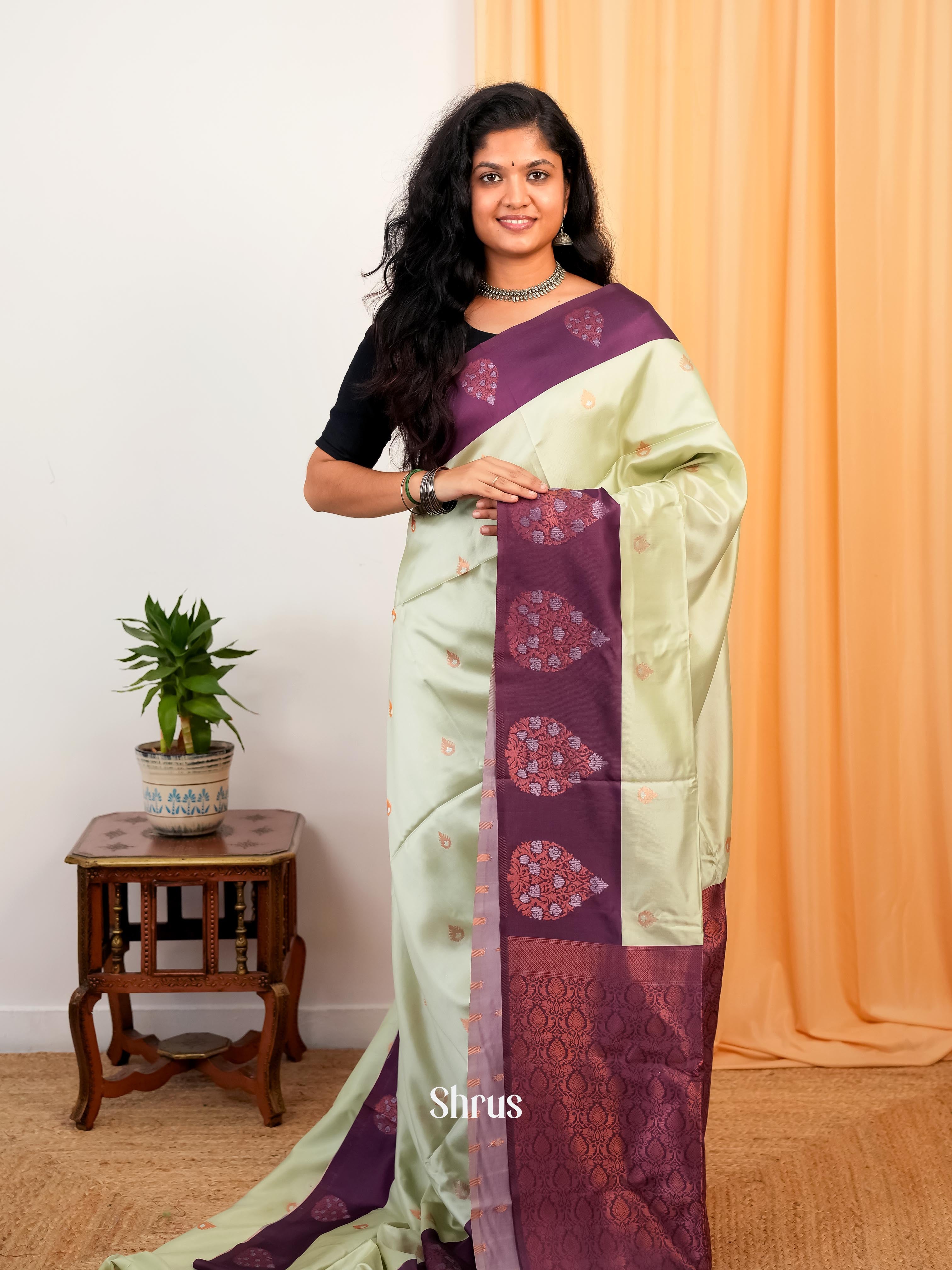 Pastel Green  & Purple  - Semi Softsilk Saree