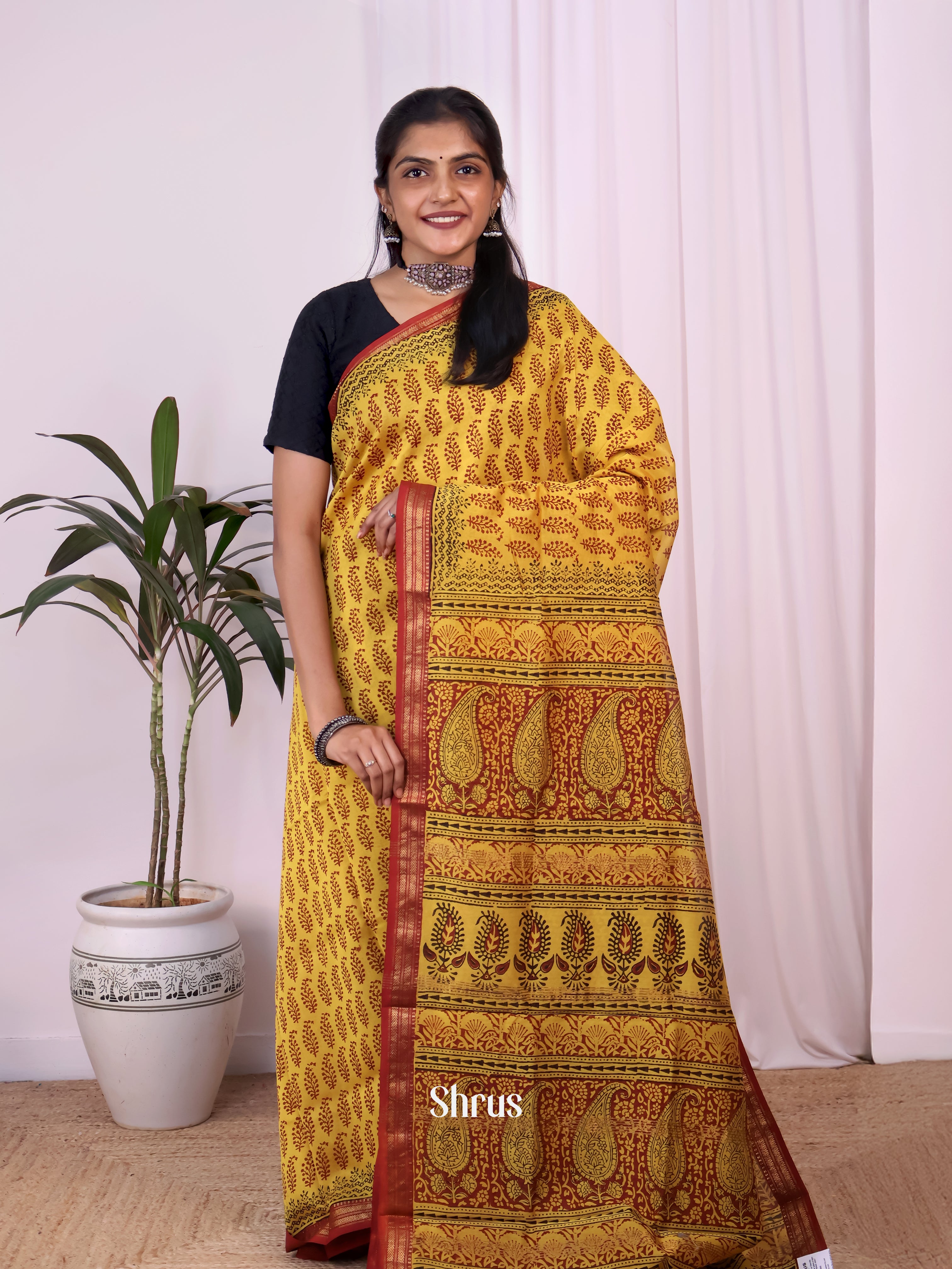 Yellow & Red - Maheshwari silkcotton Saree