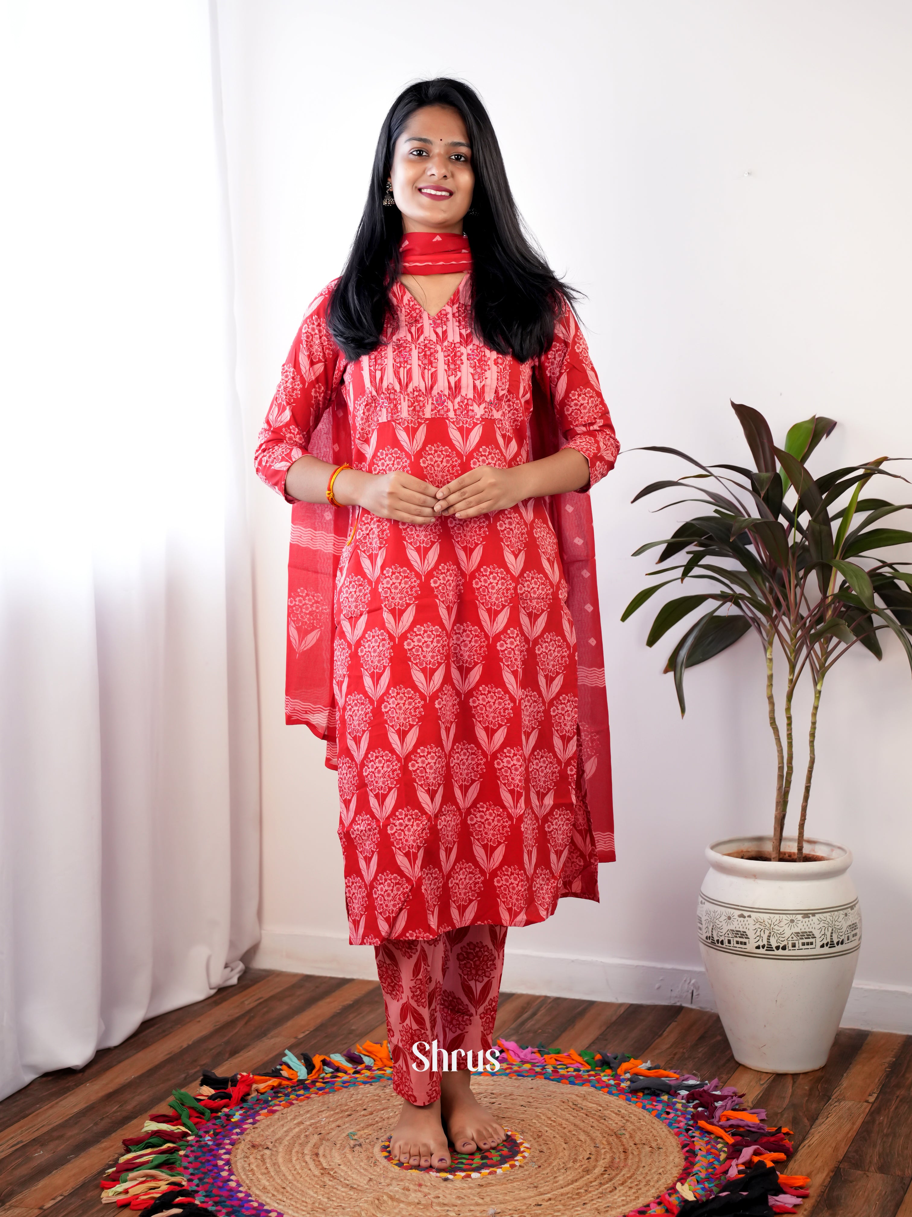 Red-3pc Cotton Readymade Suits