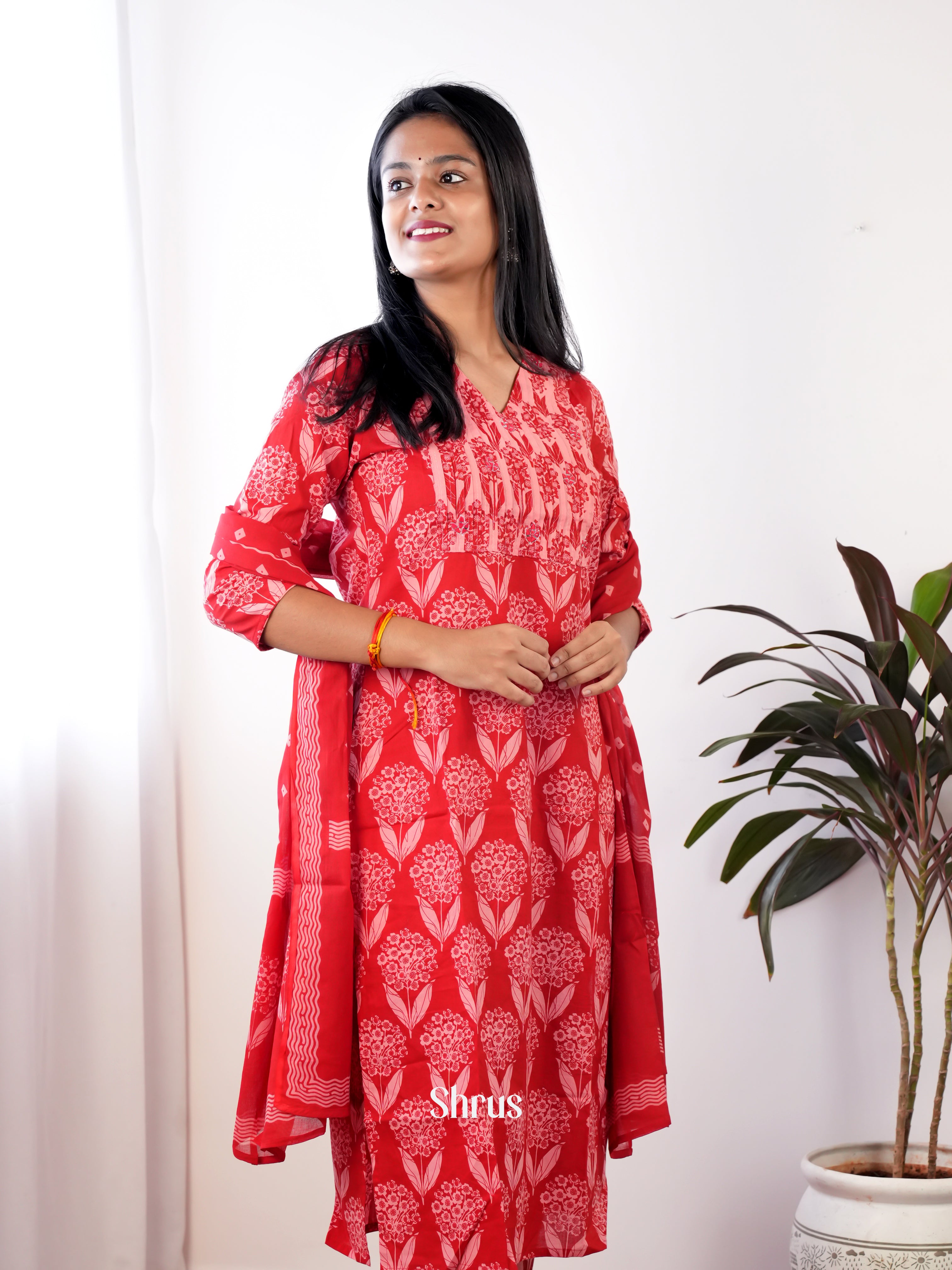 Red-3pc Cotton Readymade Suits