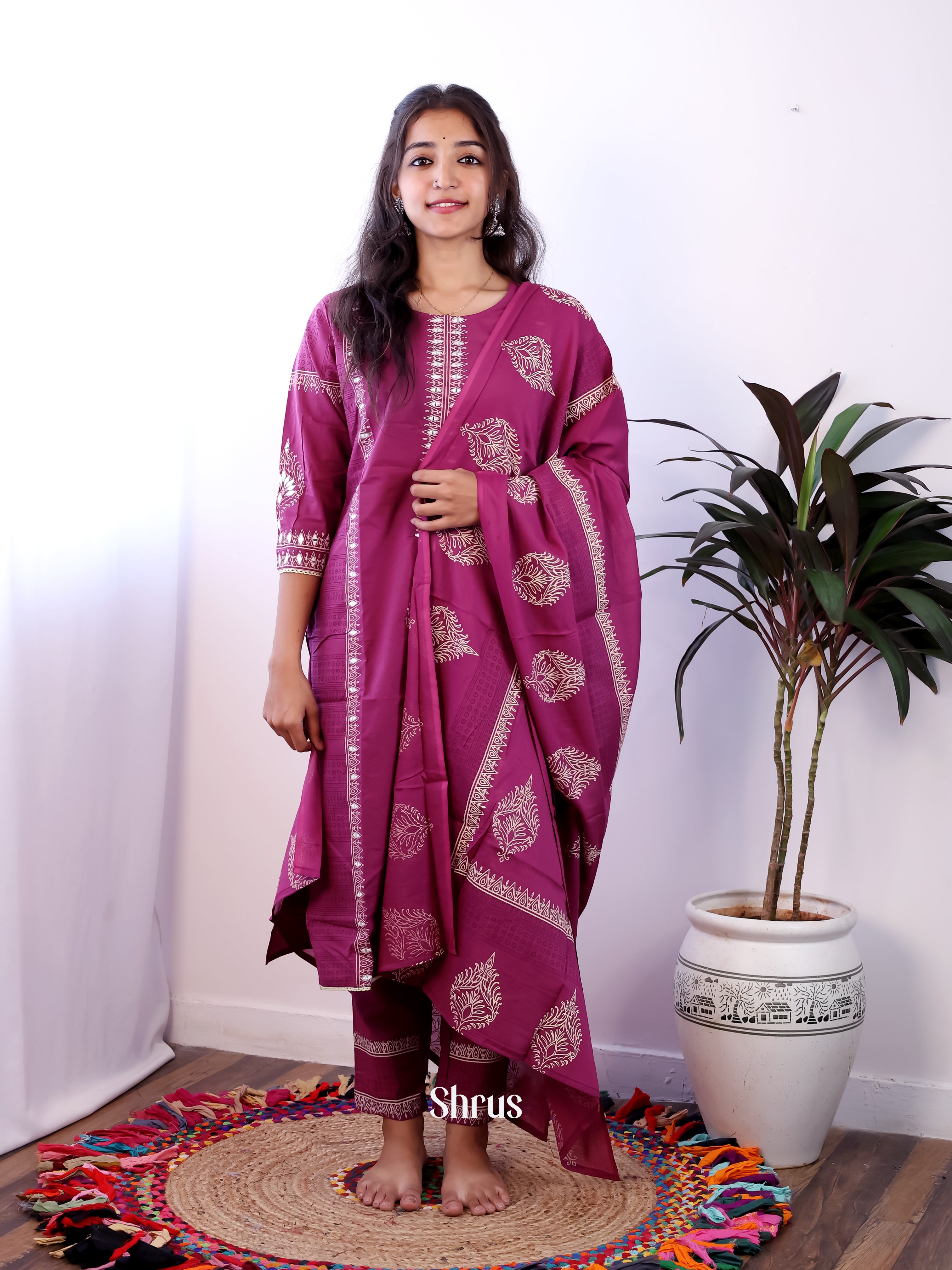 Purple -3pc block print Readymade Suits