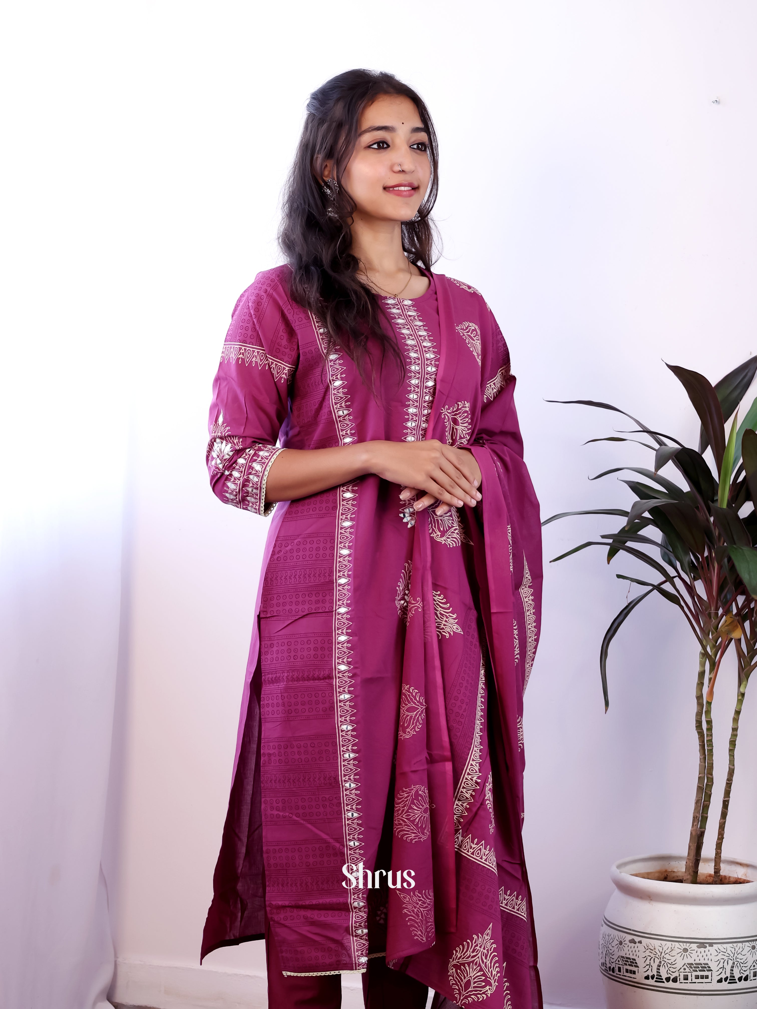 Purple -3pc block print Readymade Suits