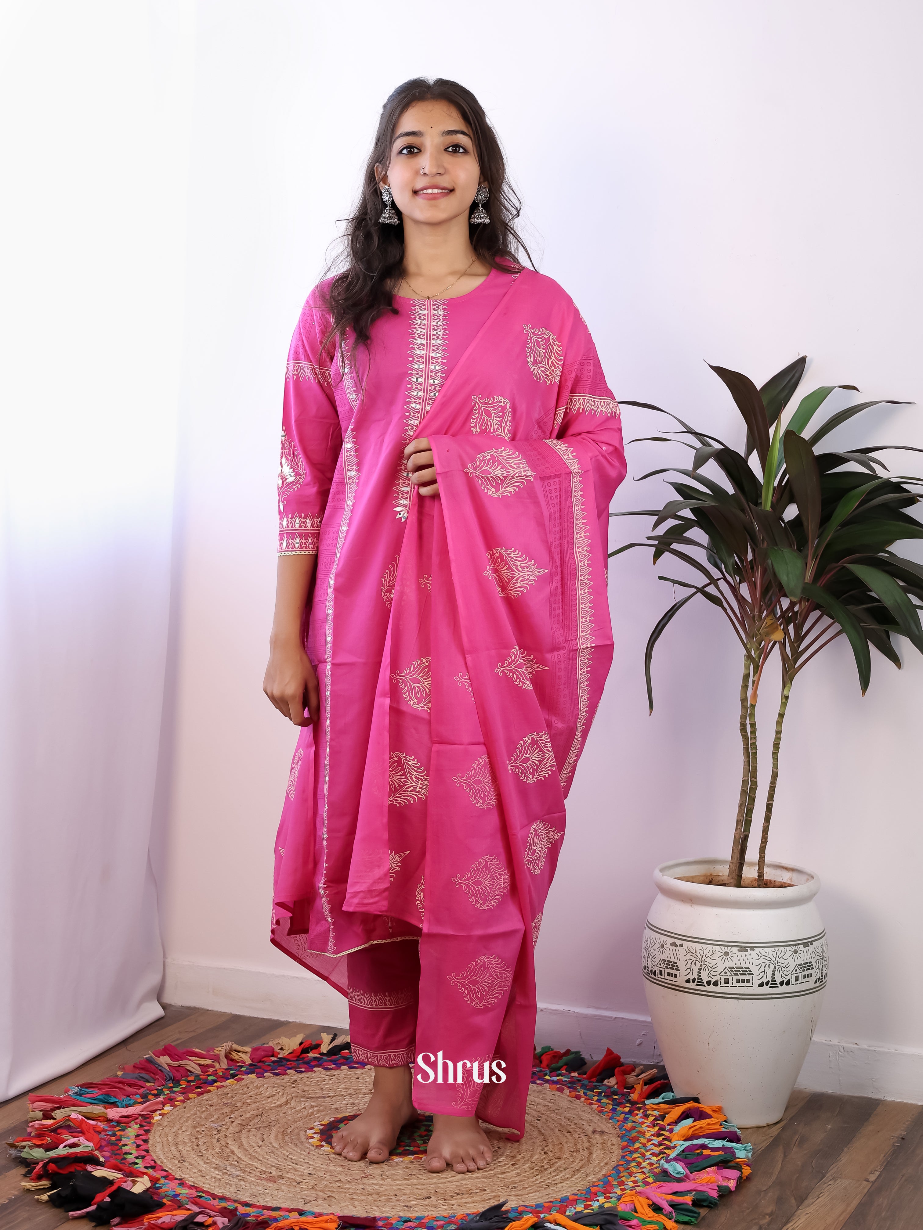 Pink - 3pc block print Readymade Suits