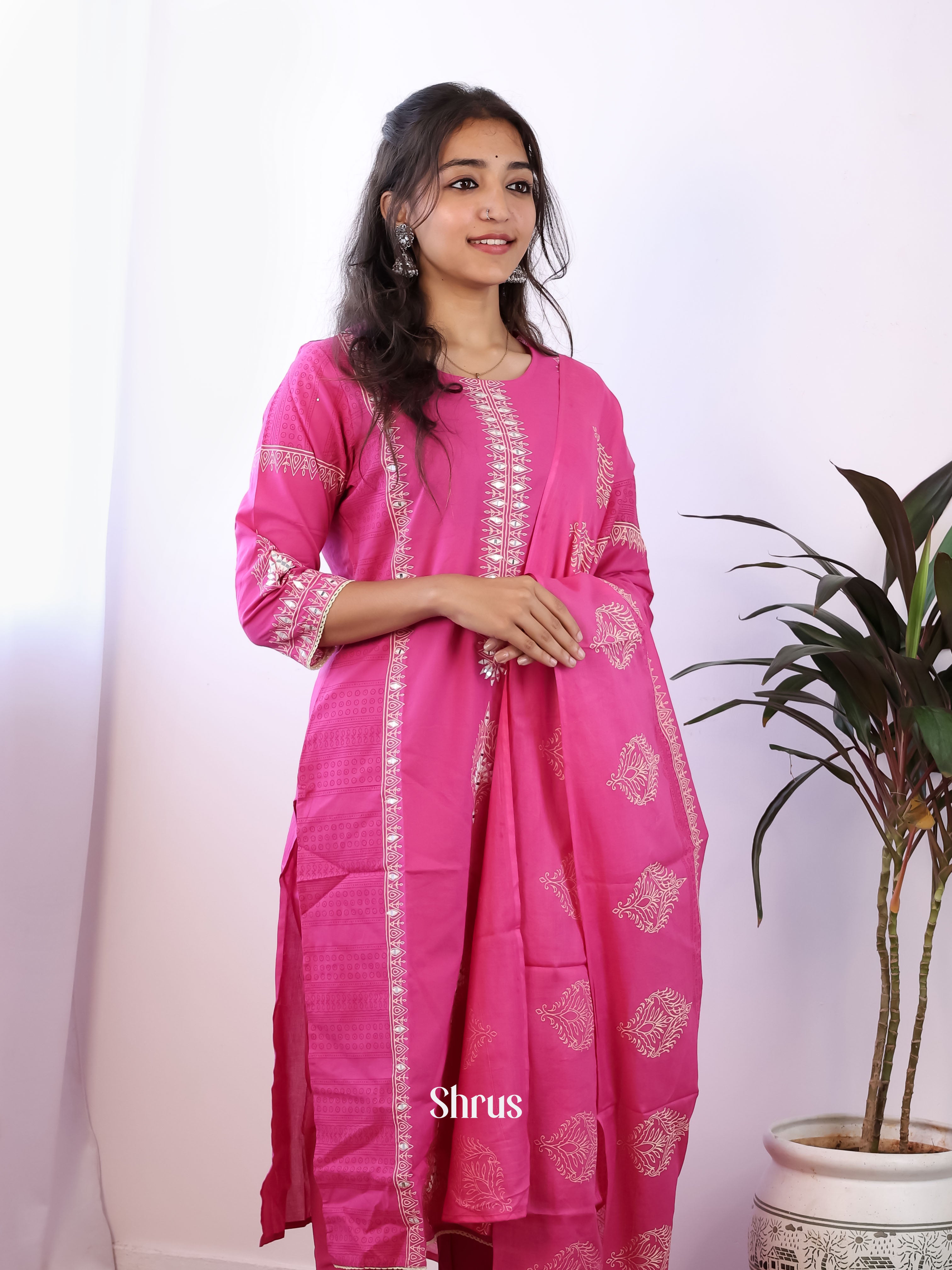 Pink - 3pc block print Readymade Suits