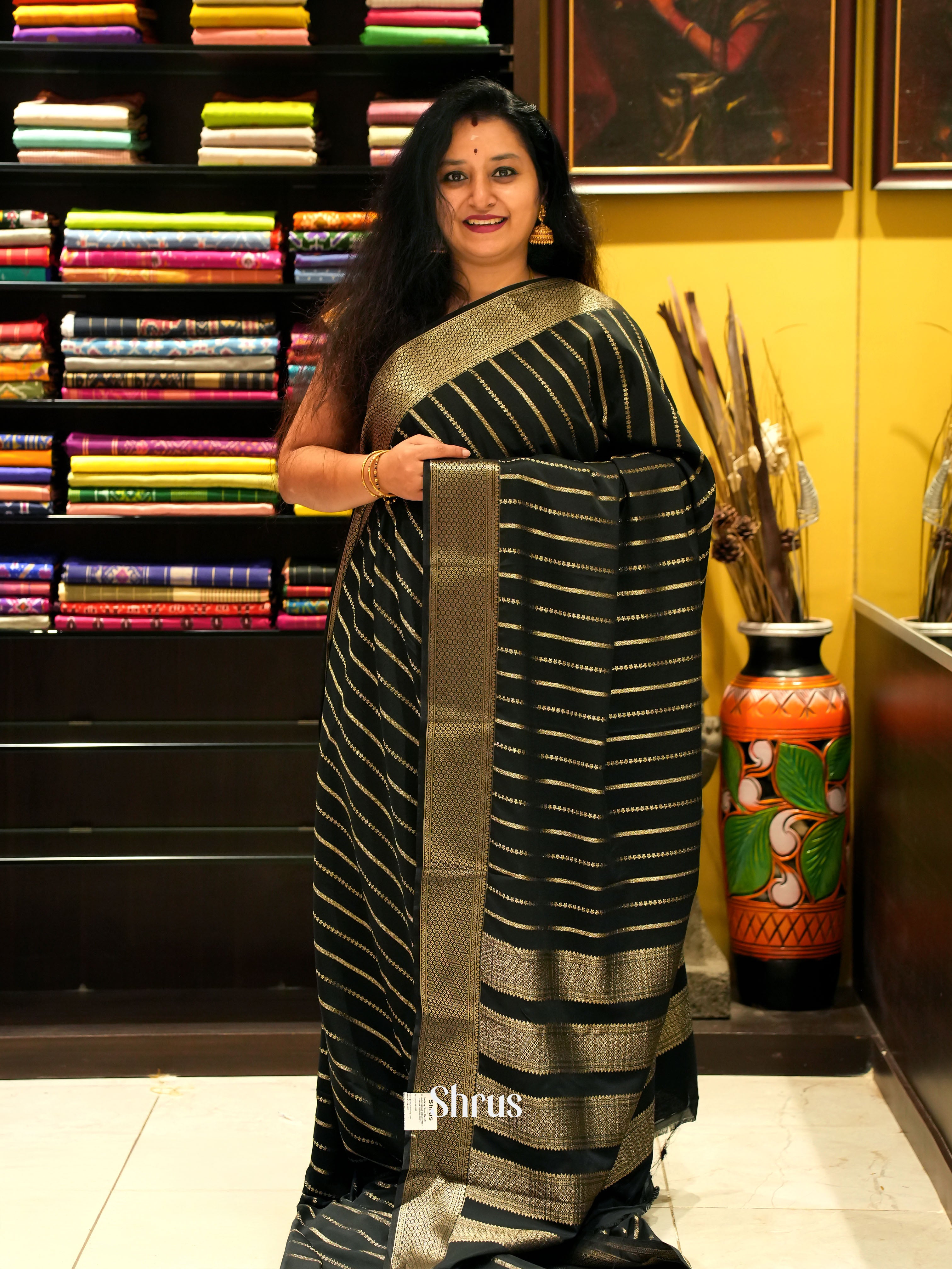 Black - Mysoresilk-halfpure Saree