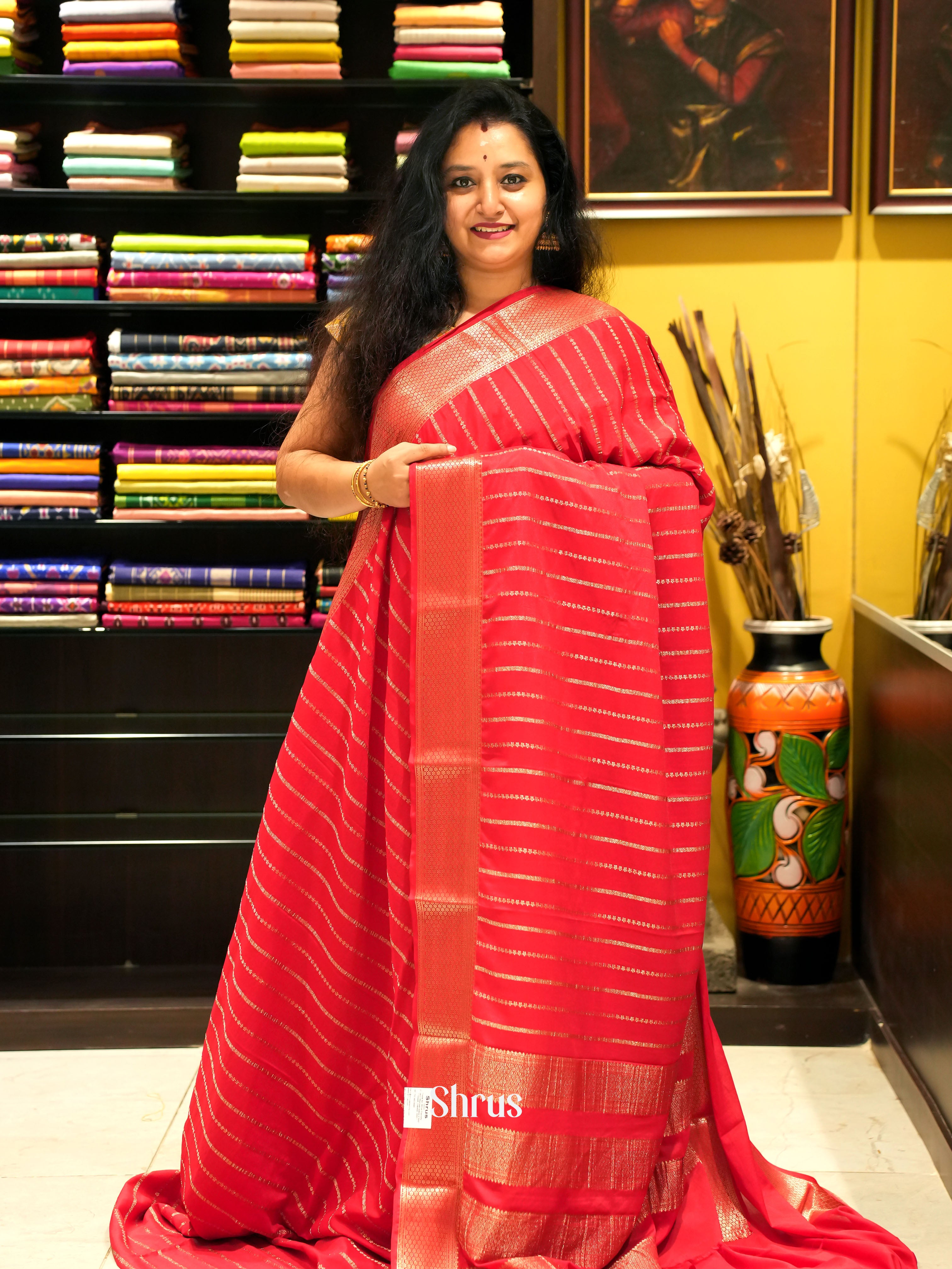 Red - Mysoresilk-halfpure Saree