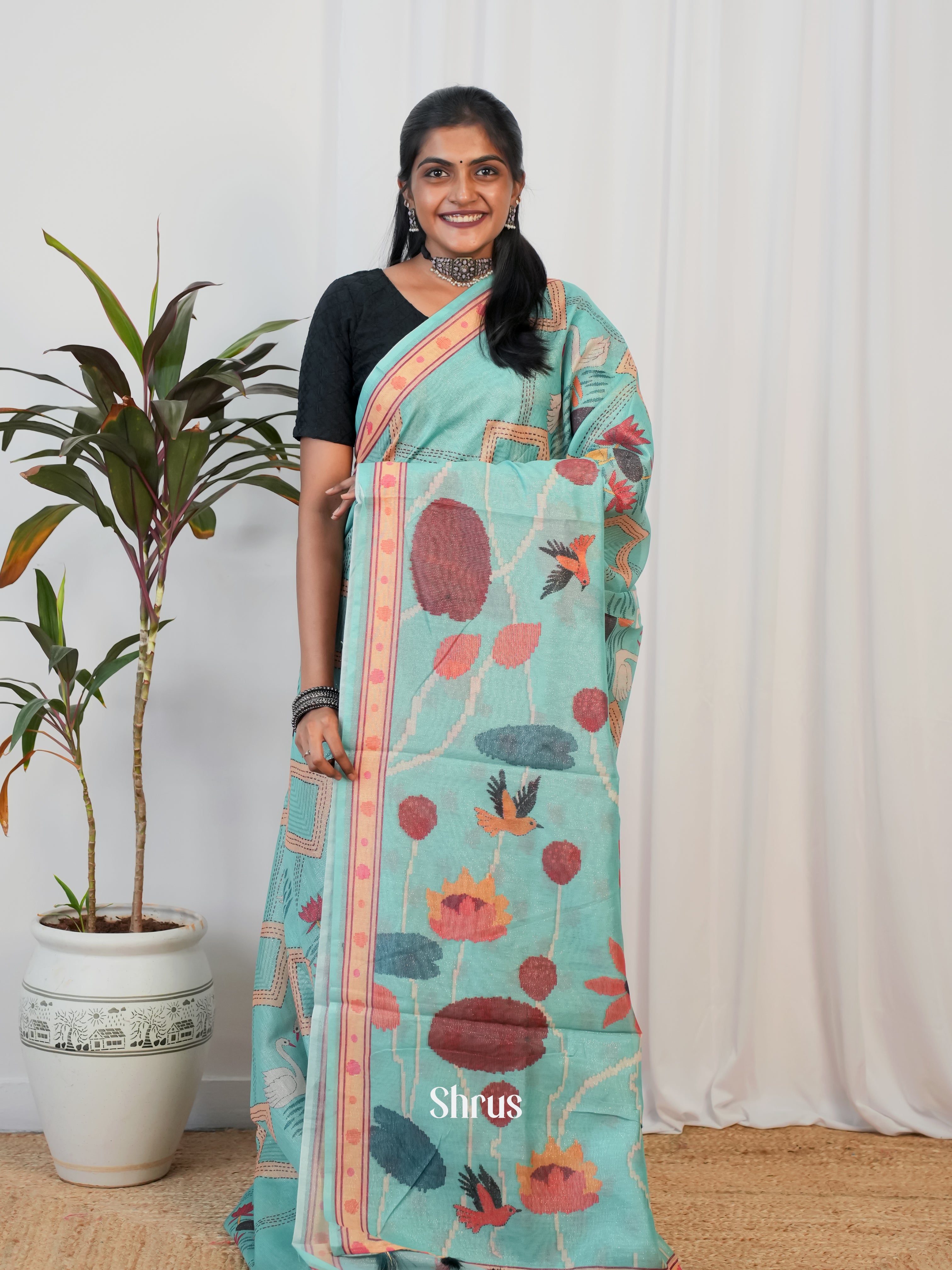 Teal - Semi Crepe Saree