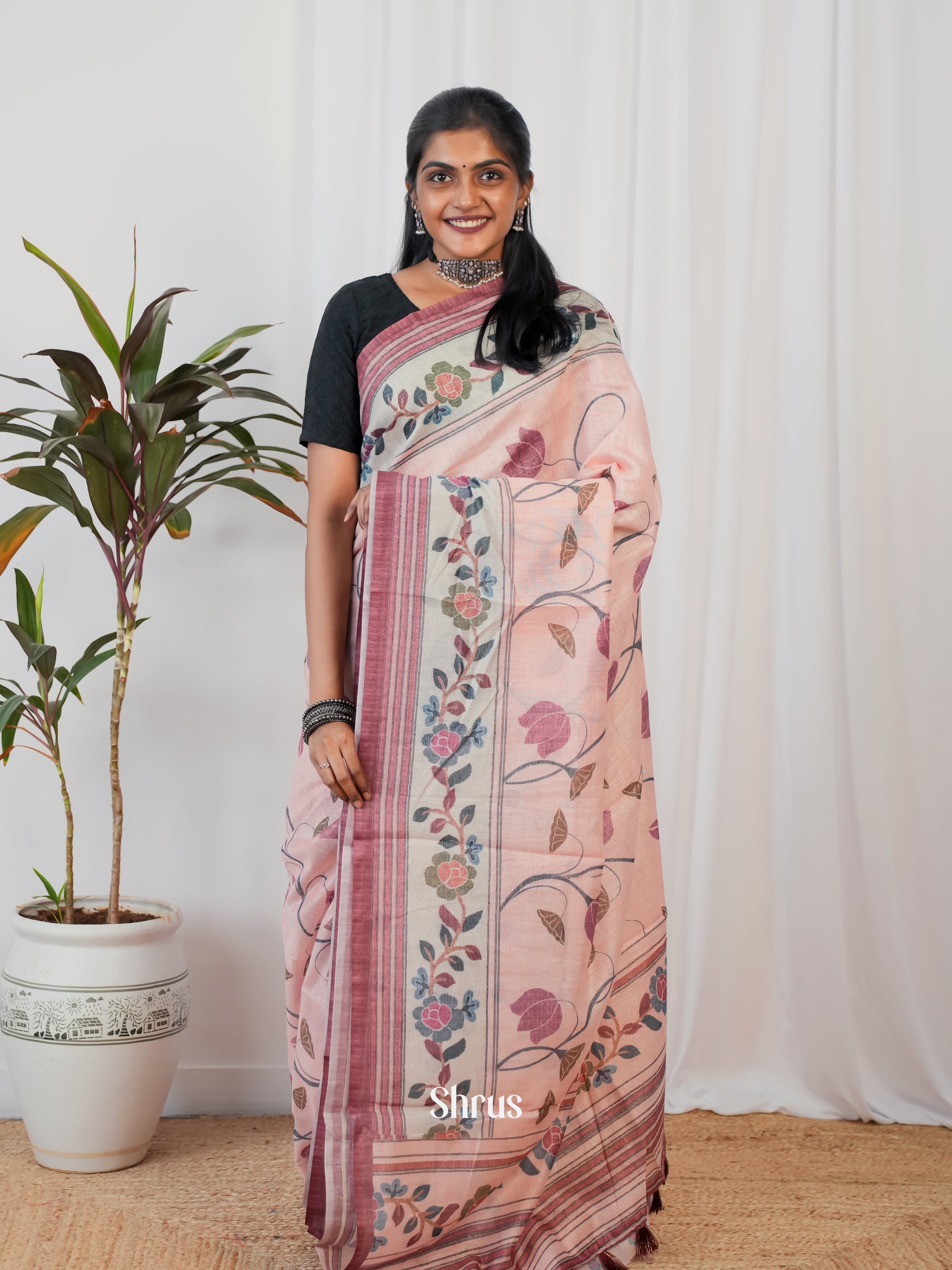 Pink - Semi Crepe Saree