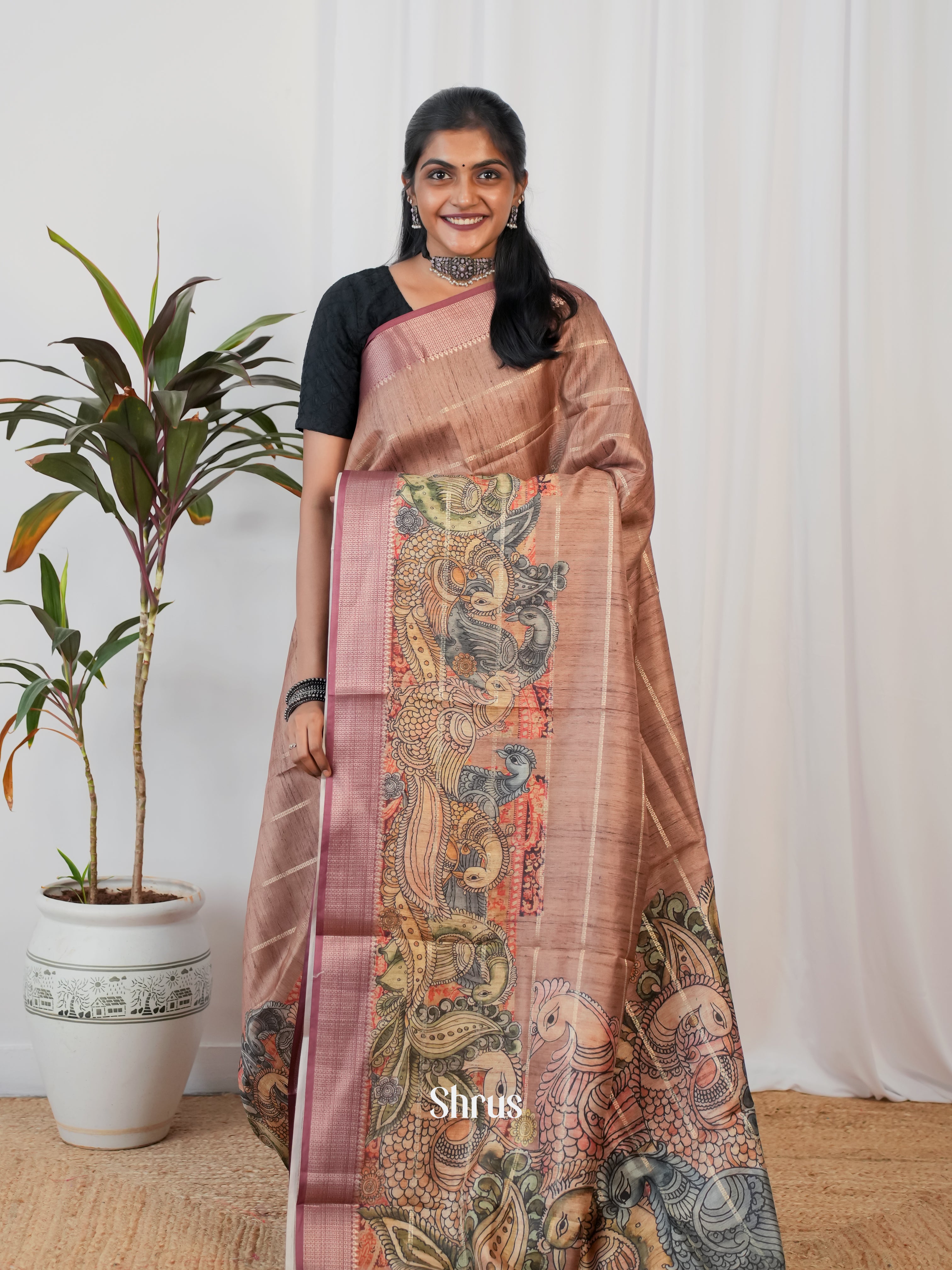 Brown - Semi Crepe Saree