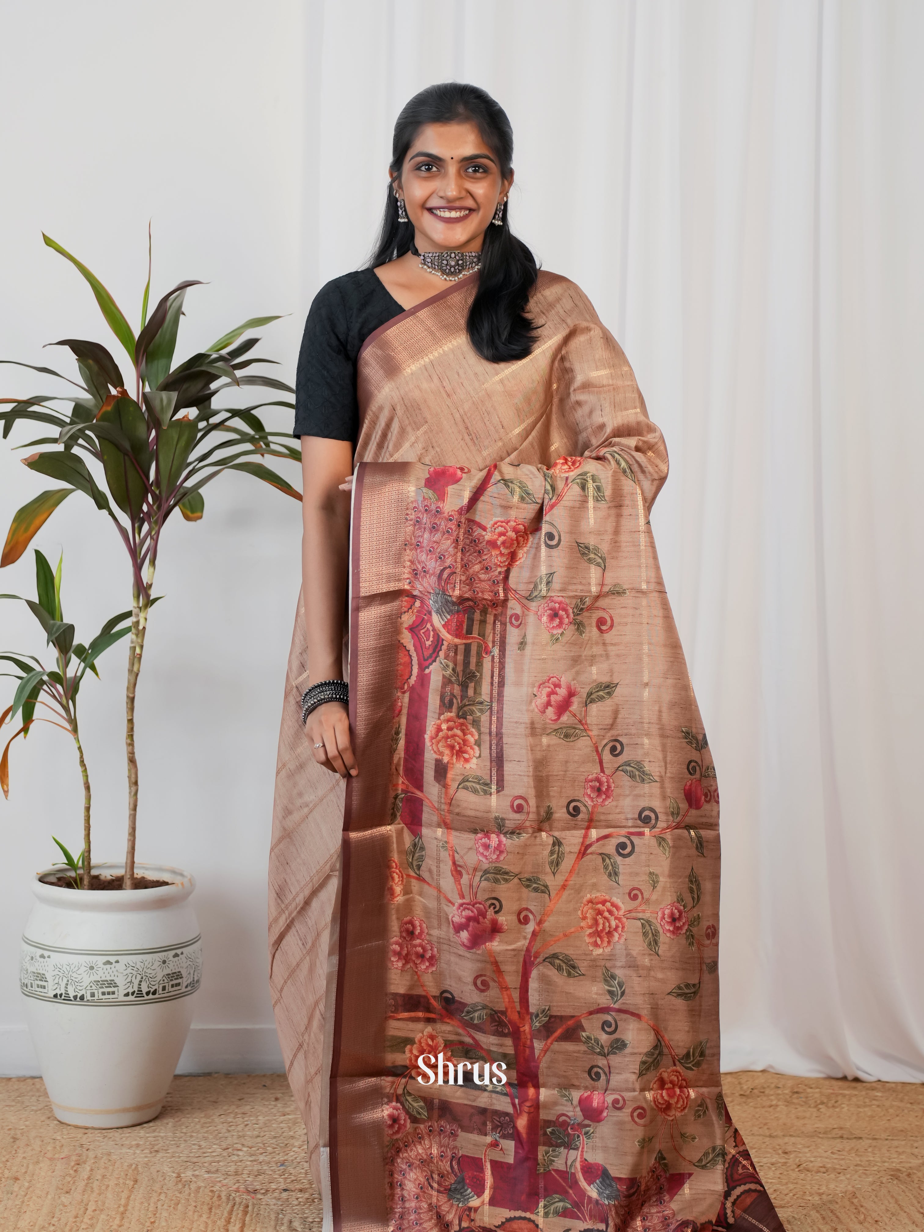 Brown - Semi Crepe Saree