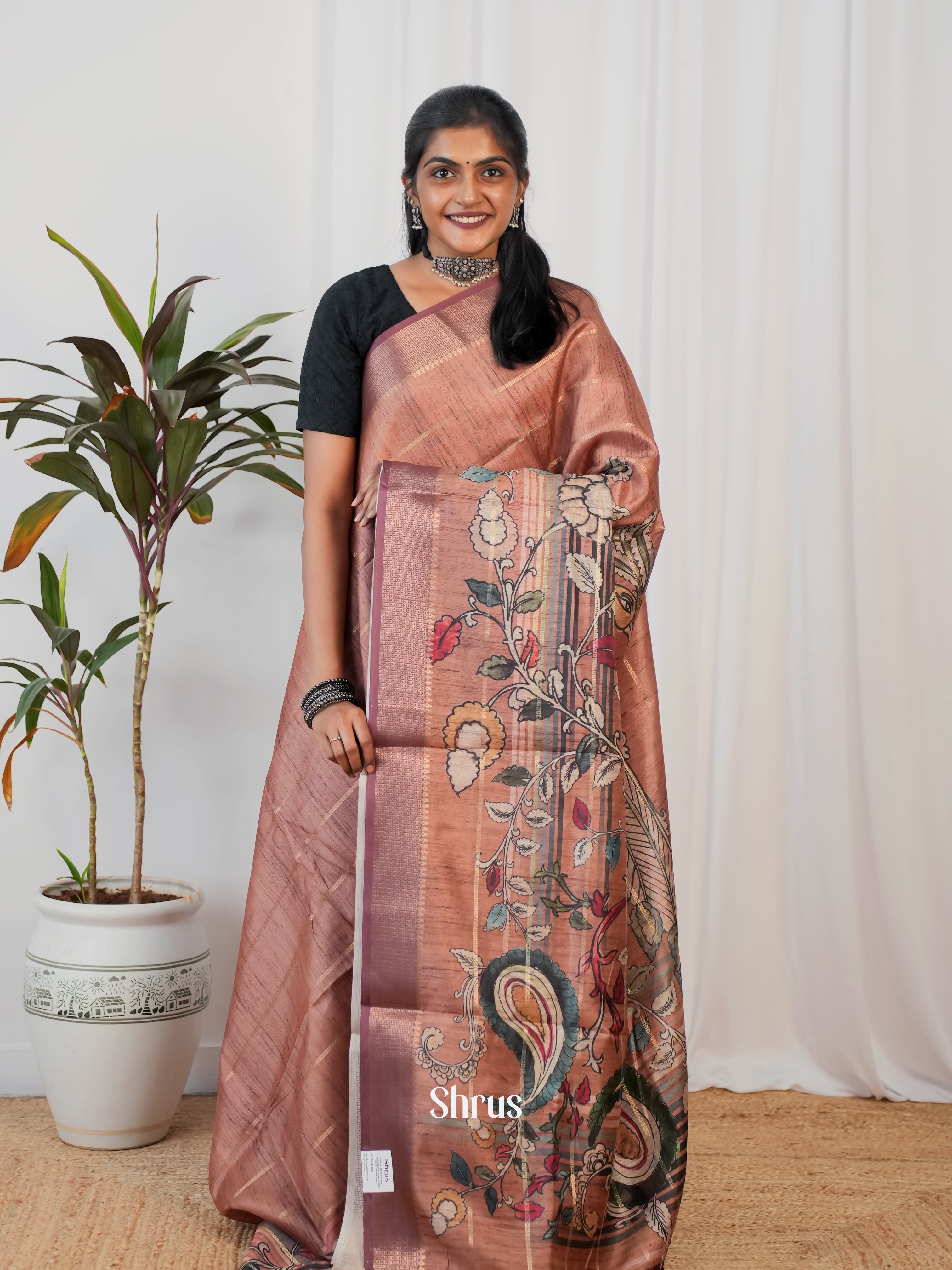 Brown - Semi Crepe Saree