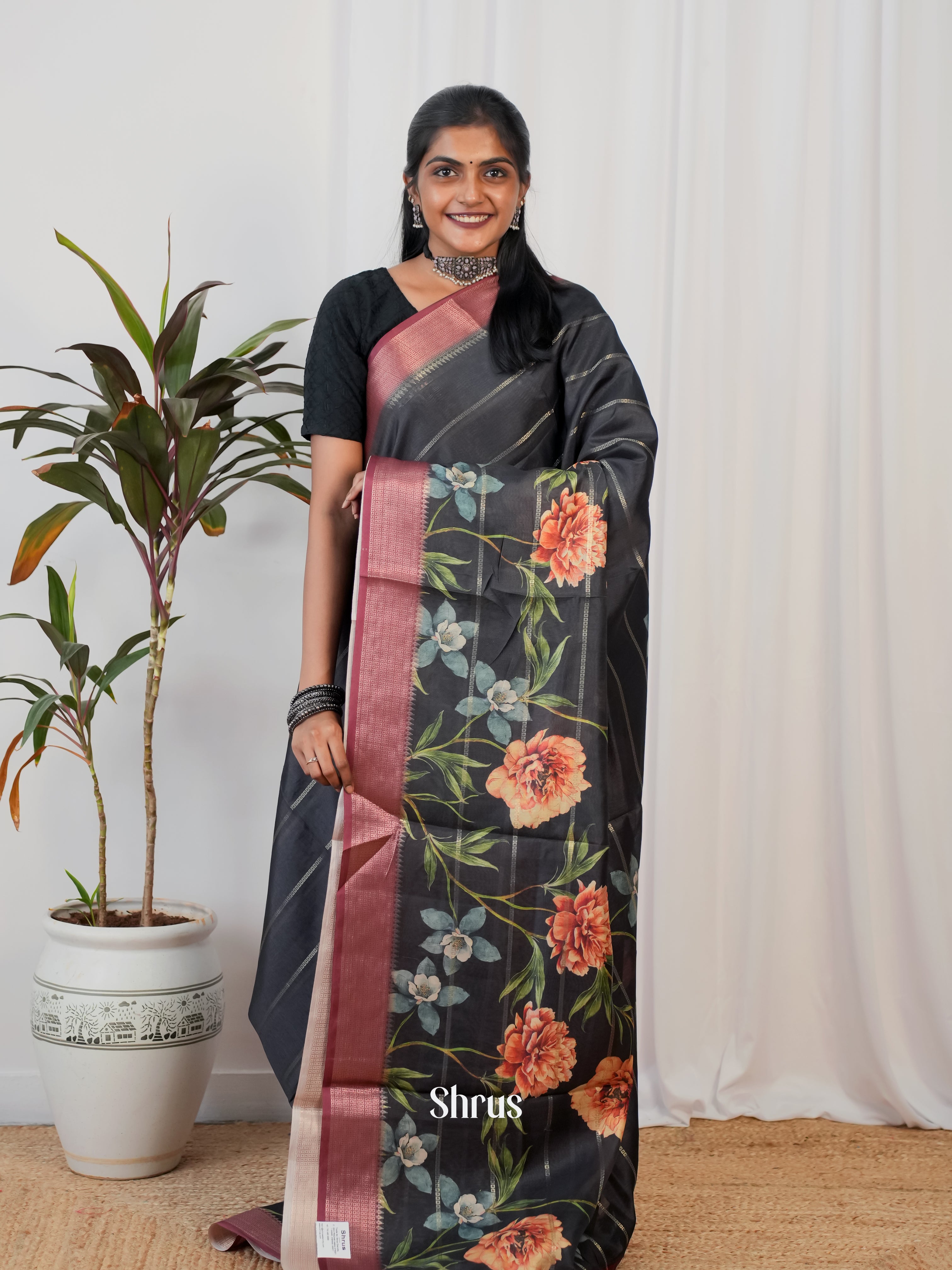 Black & Maroon - Semi Crepe Saree