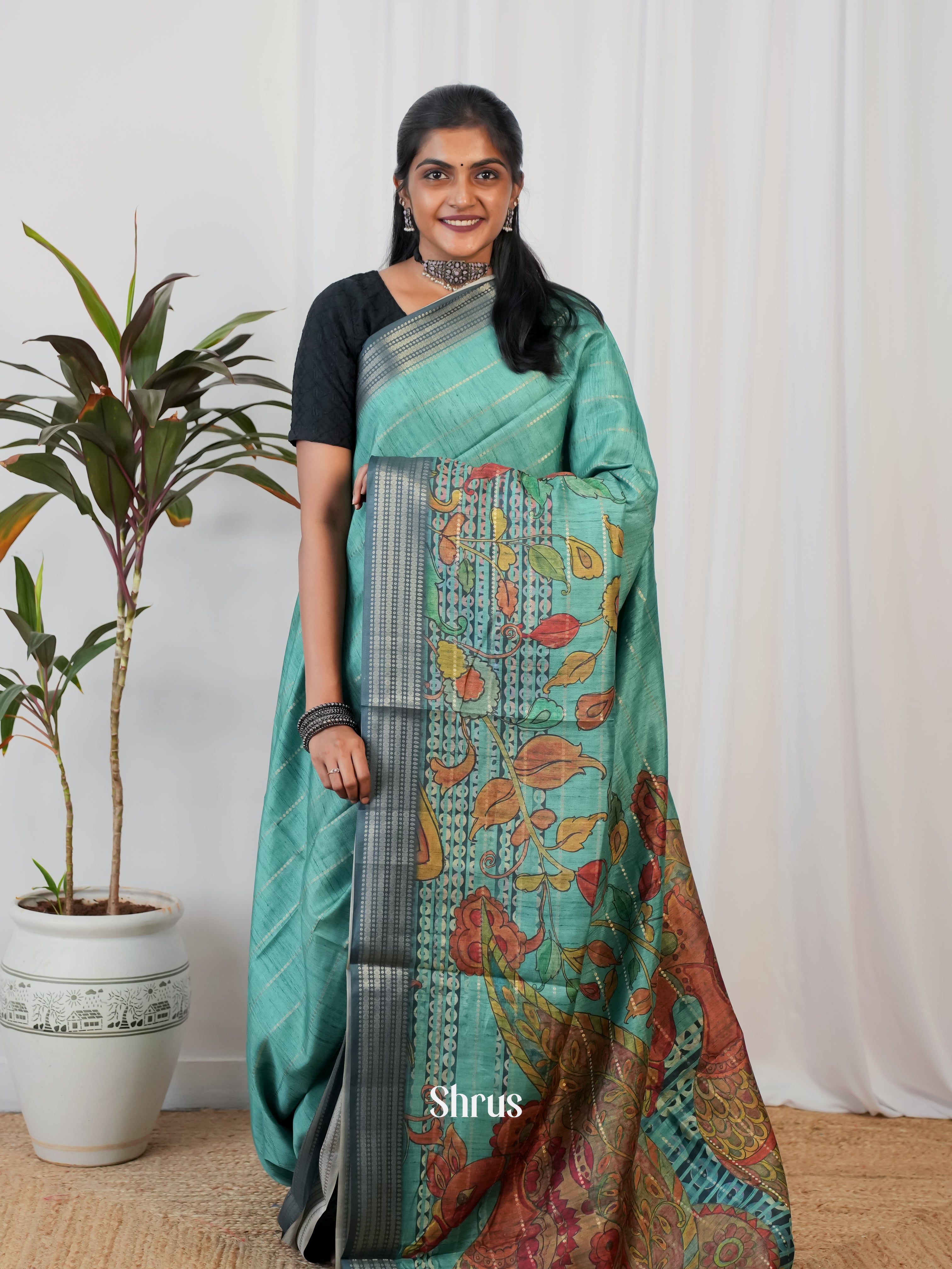 Teal - Semi Crepe Saree