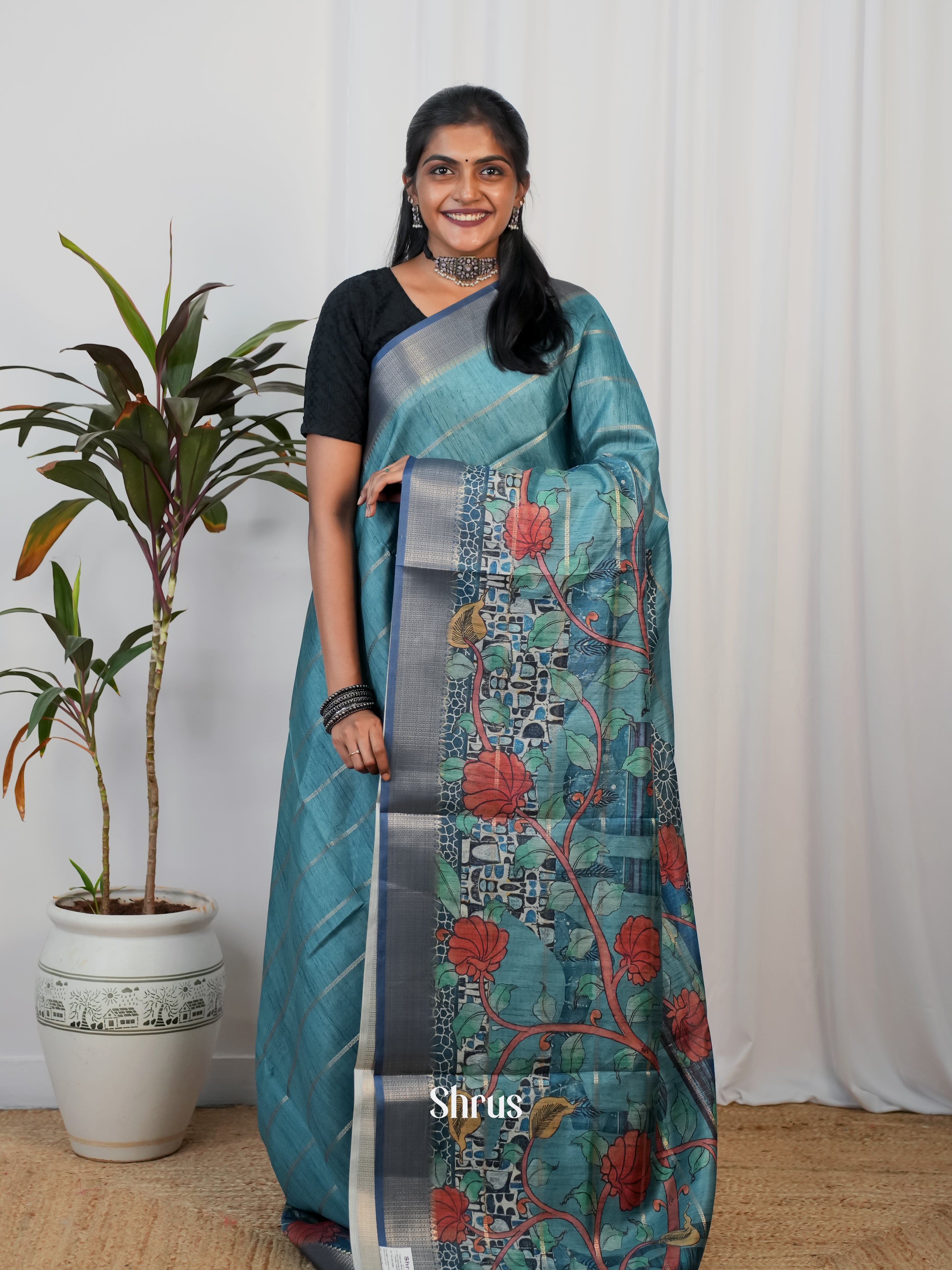 Blue - Semi Crepe Saree