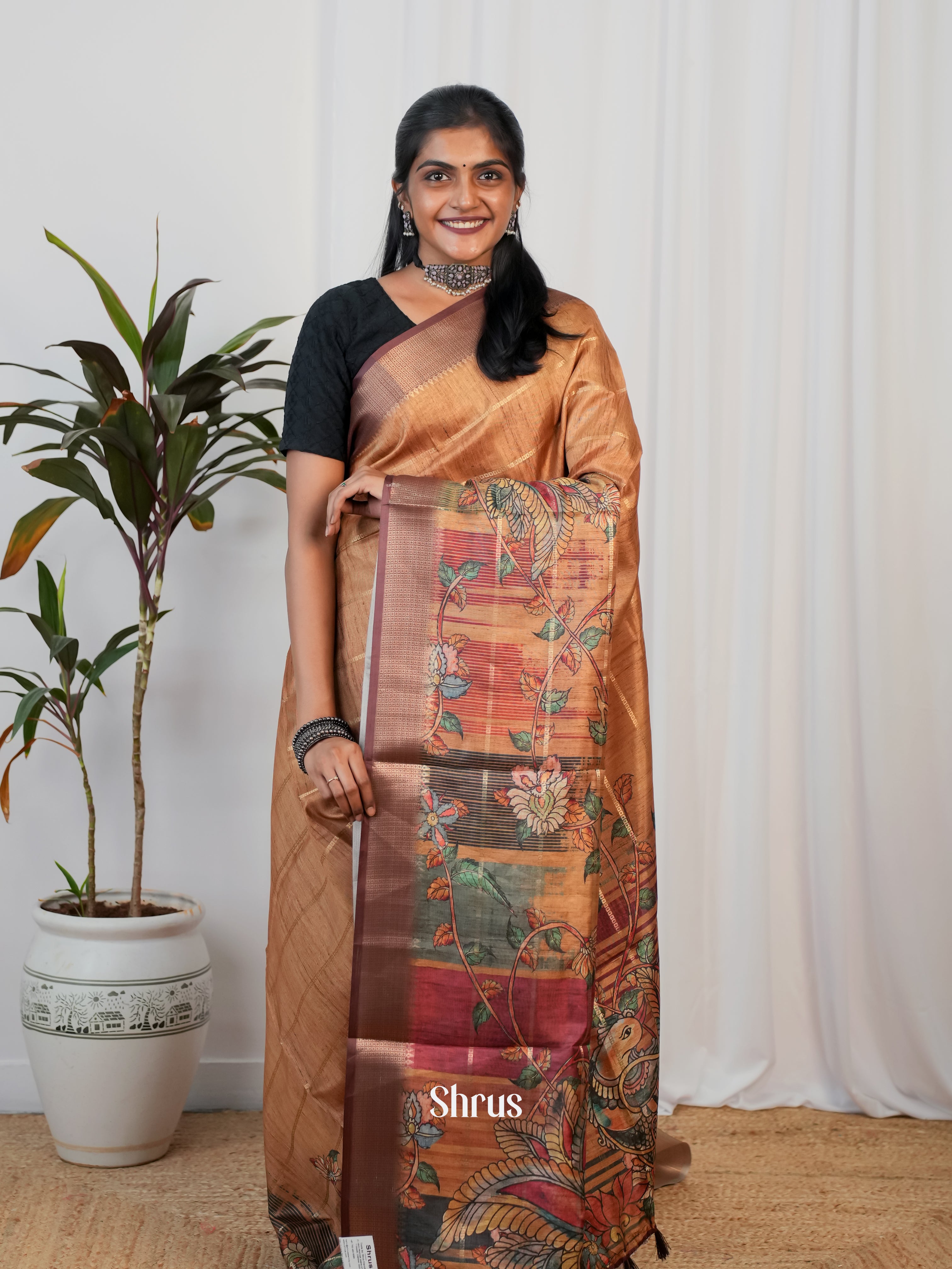 Brown - Semi Crepe Saree