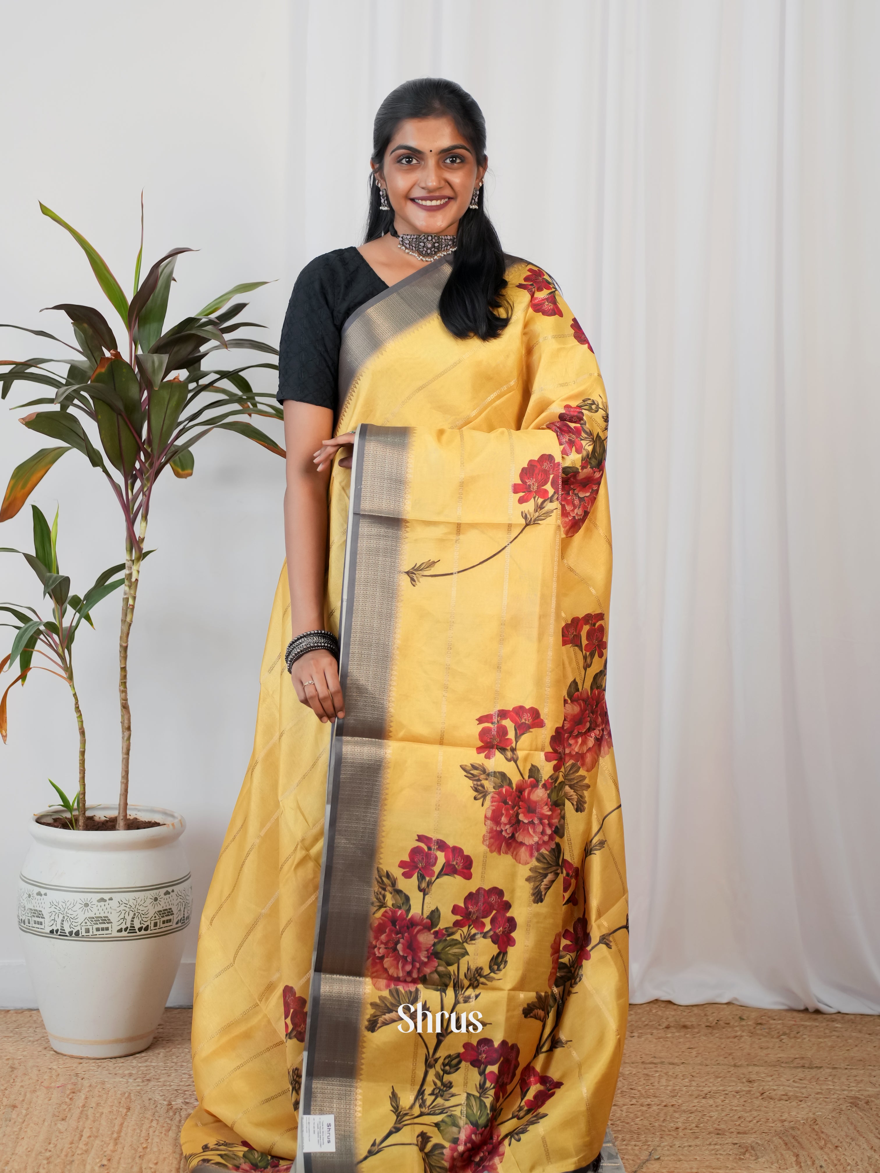 Yellow  & Grey - Semi Crepe Saree