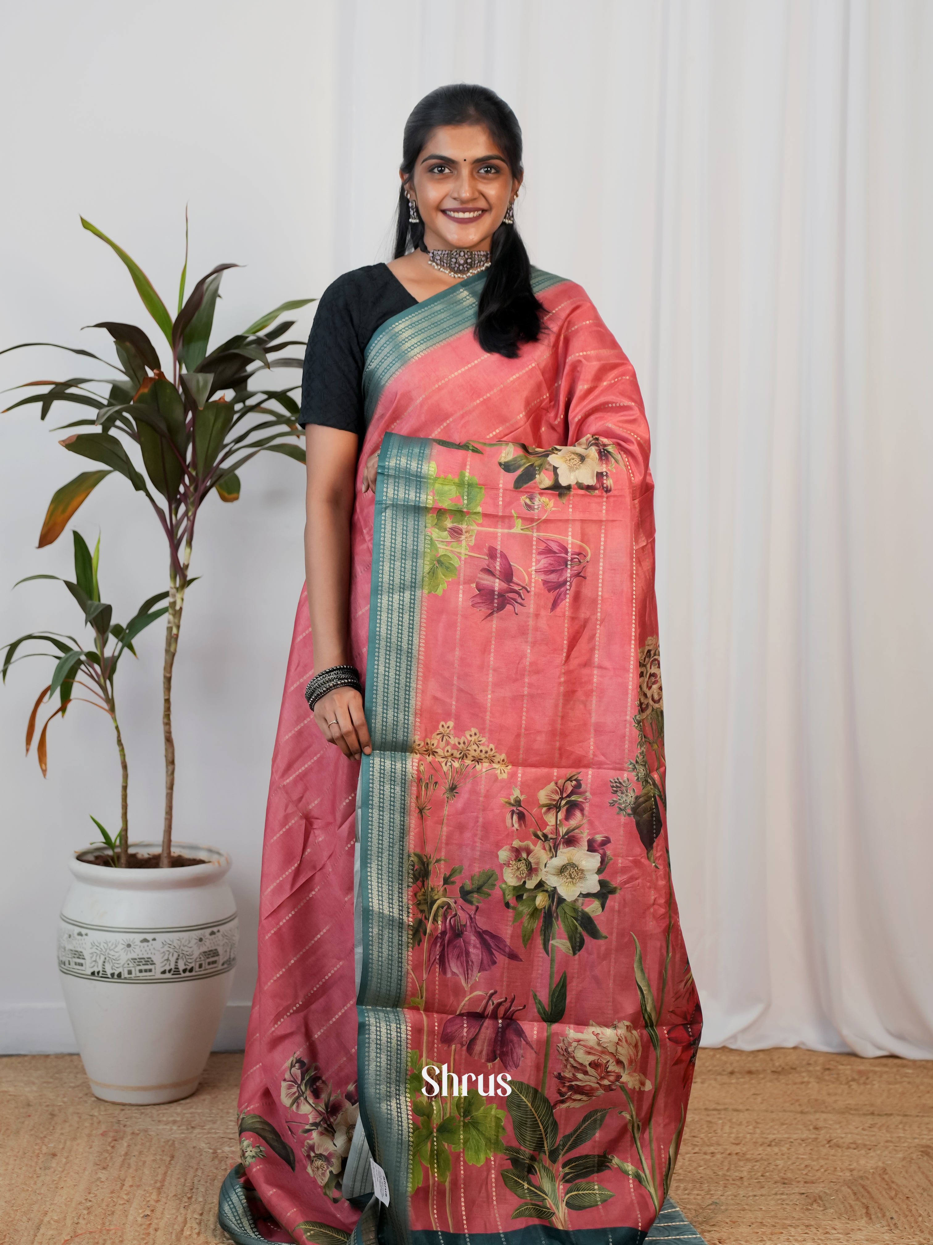 Pink & Green - Semi Crepe Saree