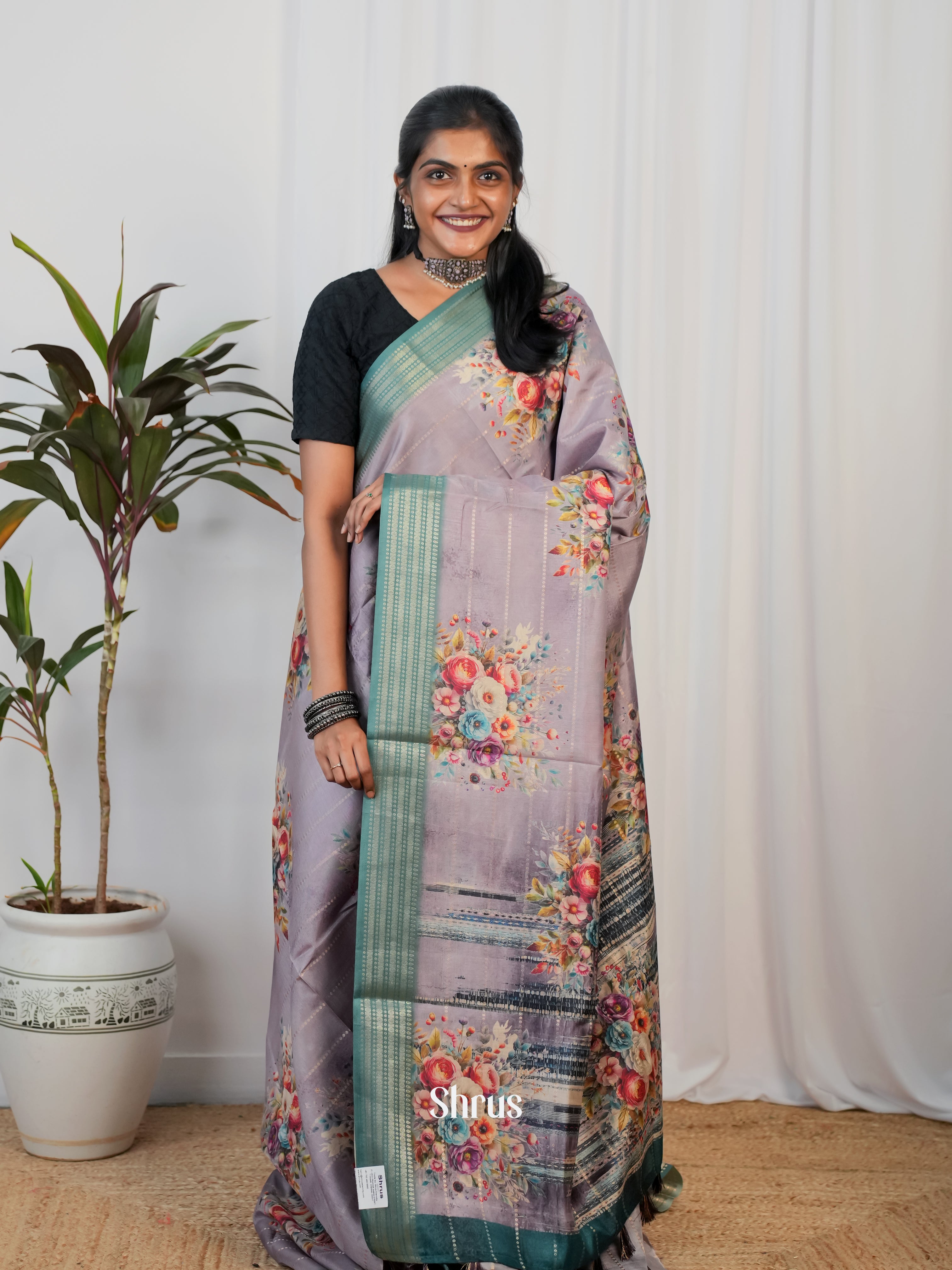 Mild Lavender & Green - Semi Crepe Saree