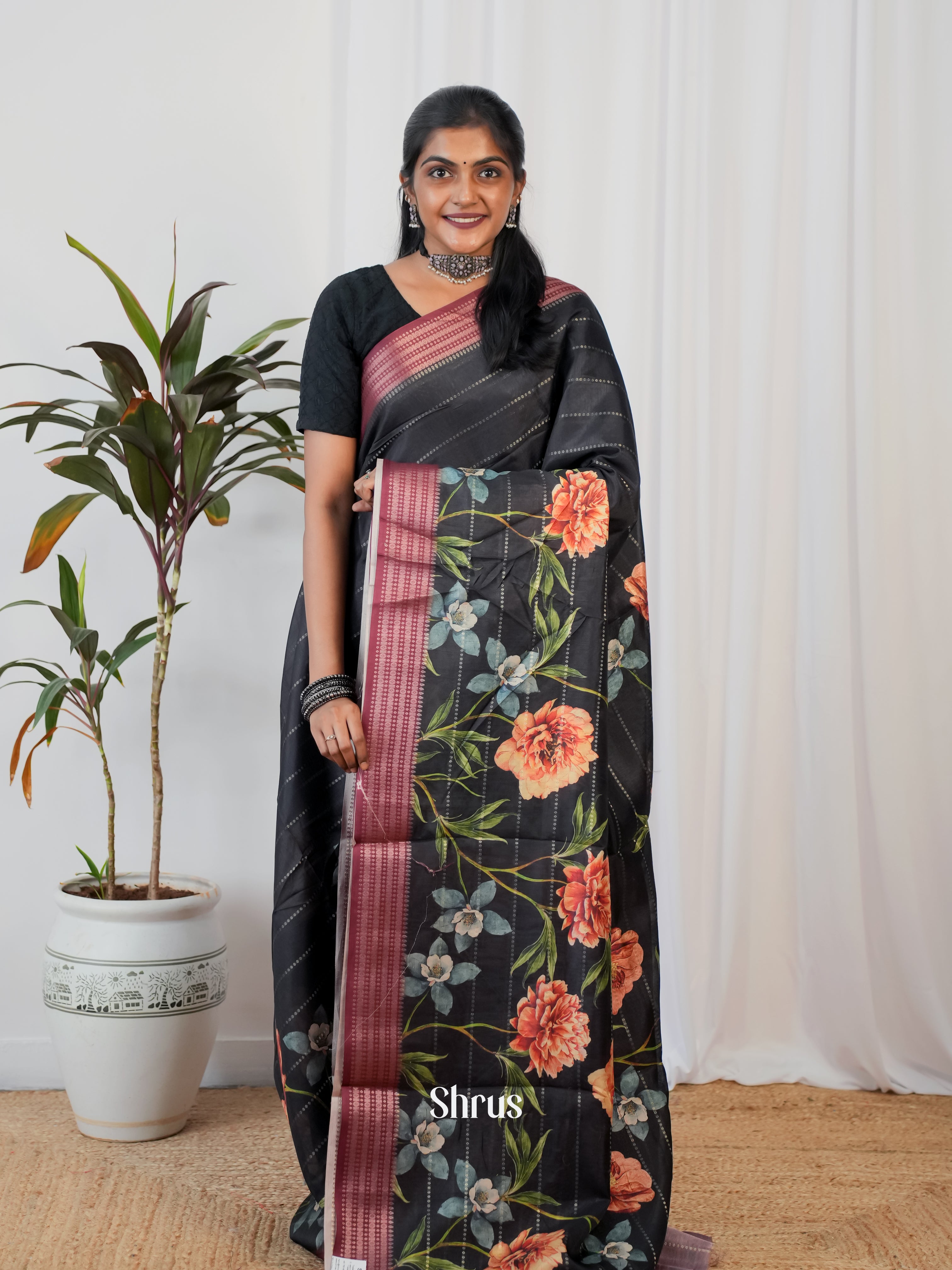 Black & Maroon - Semi Crepe Saree