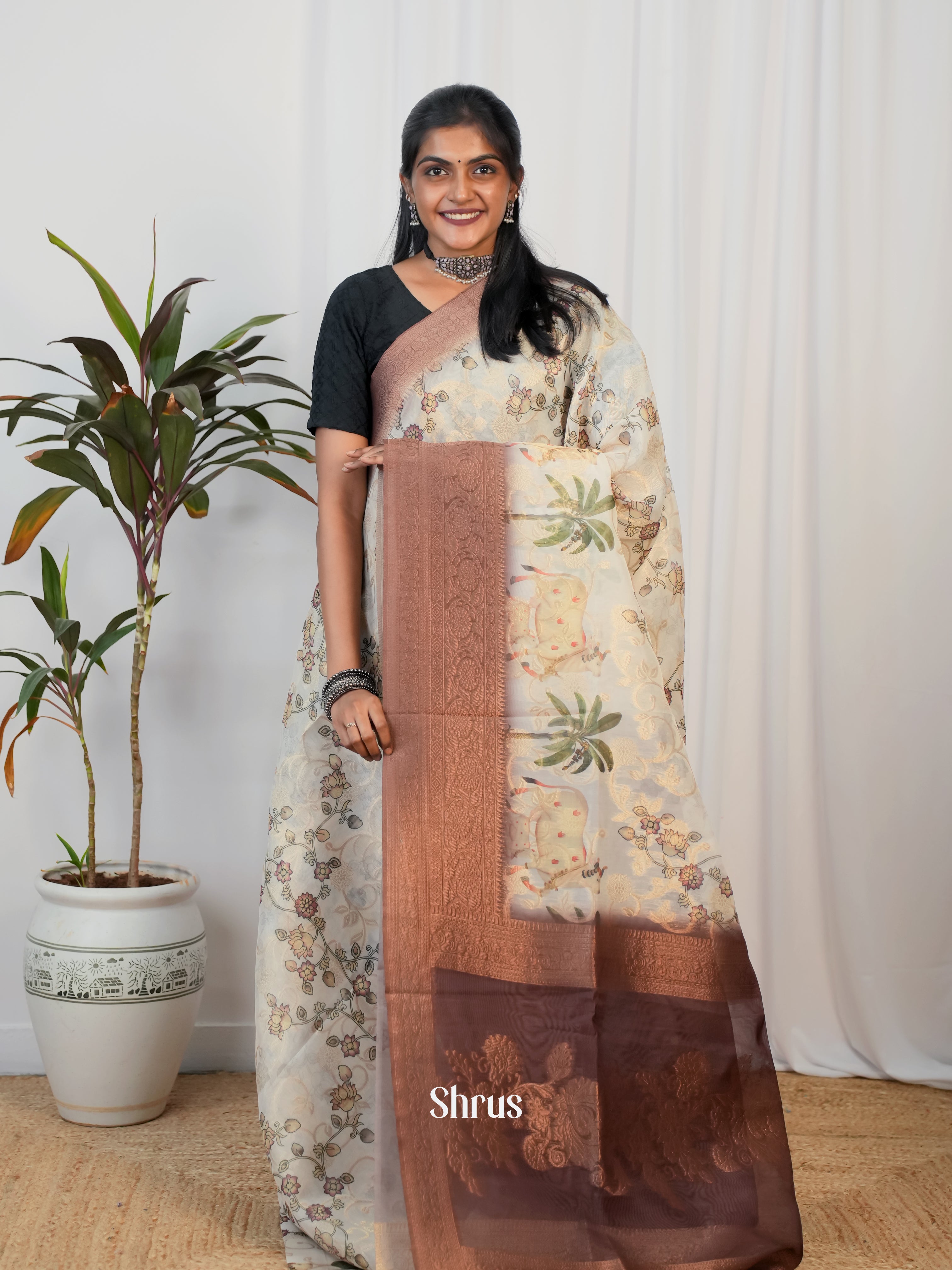 Cream & Brown - Semi Jute Saree