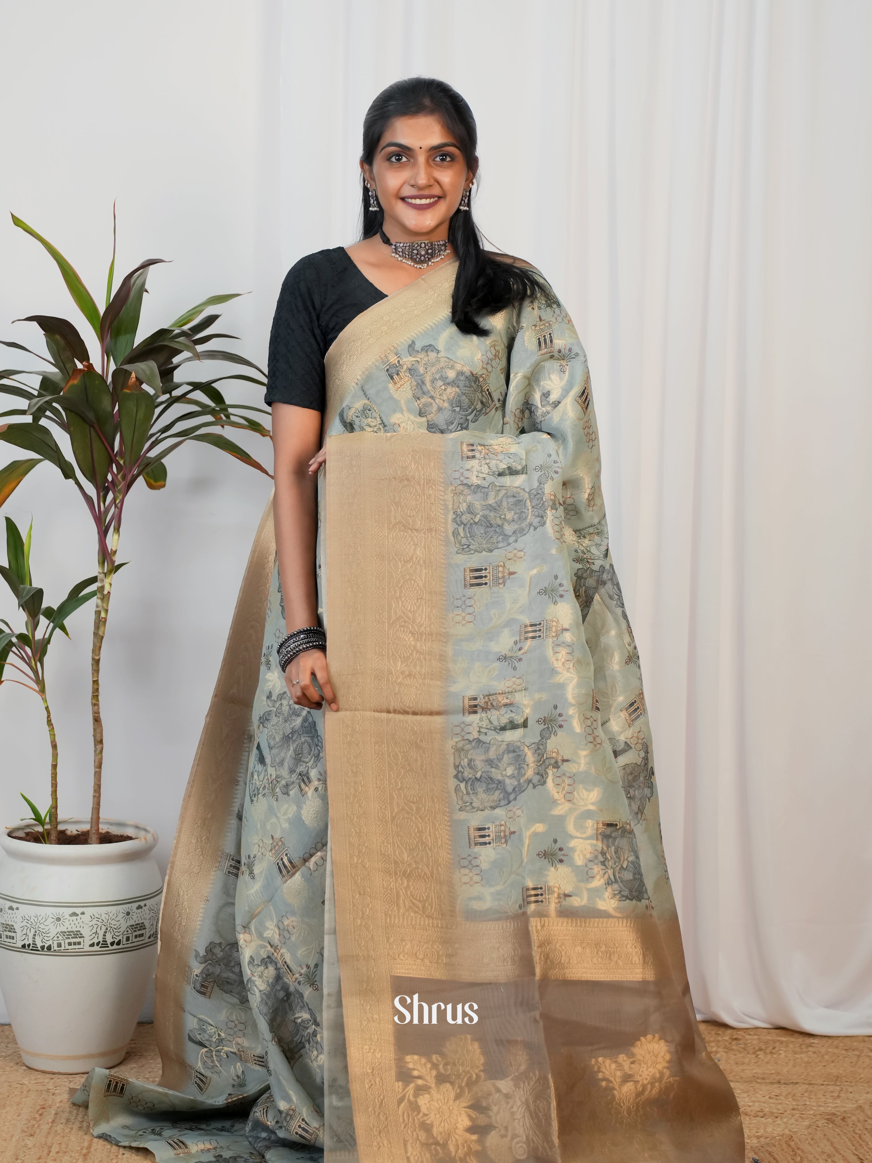 Grey & Brown - Semi Jute Saree