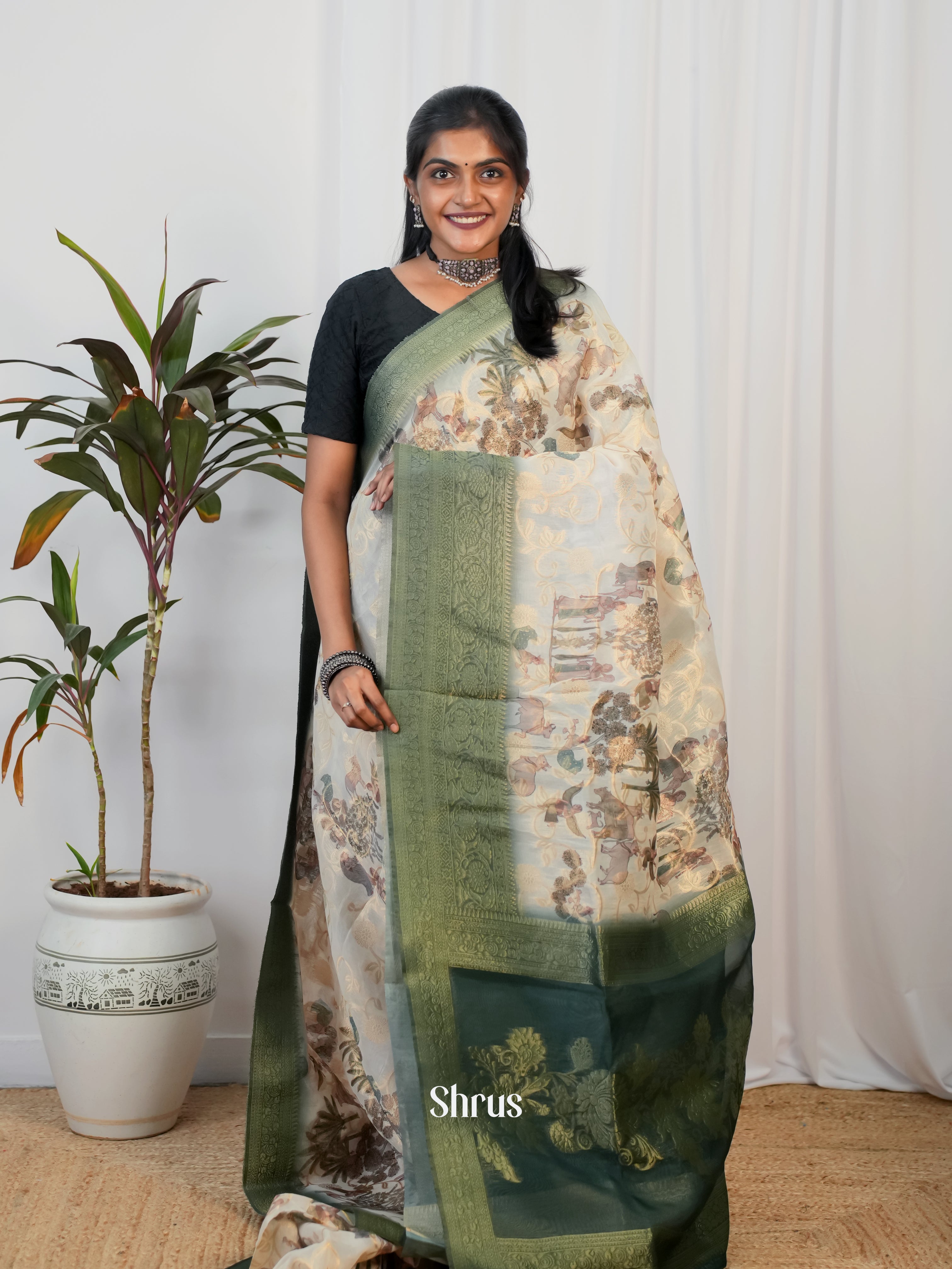 Cream & Green - Semi Jute Saree