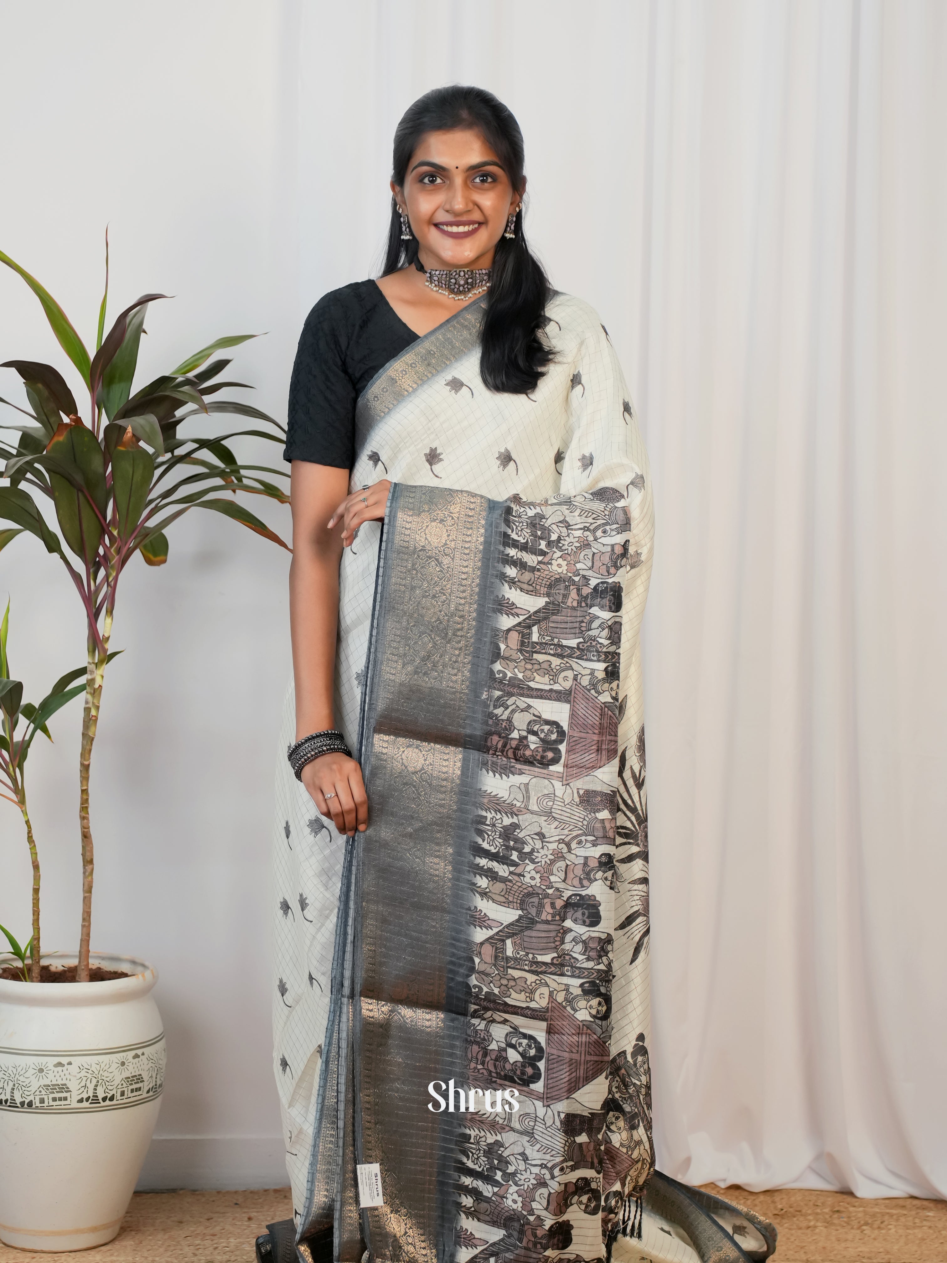 Cream &  Grey - Semi Jute Saree